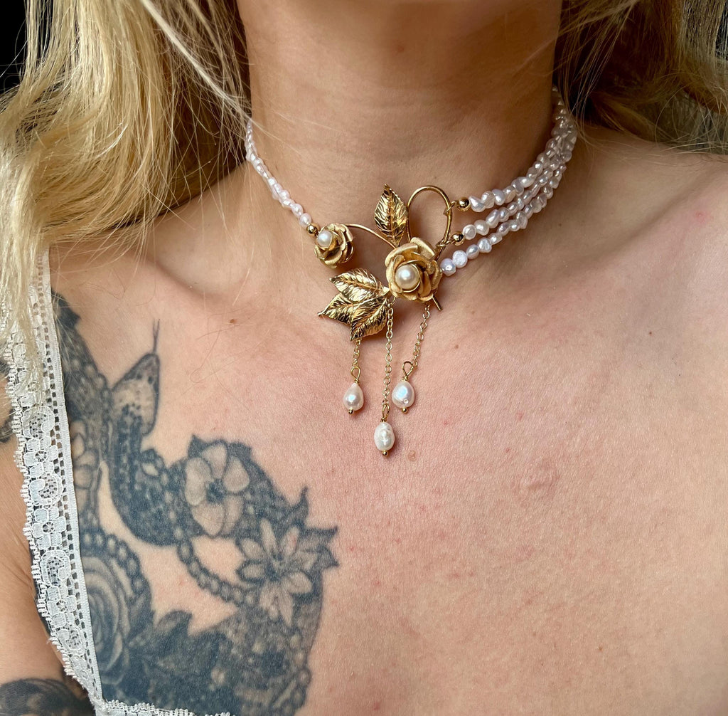 Antique Gold Filled Brooch Necklace with Freshwater Pearl Multi-Strand Choker, 13–15”