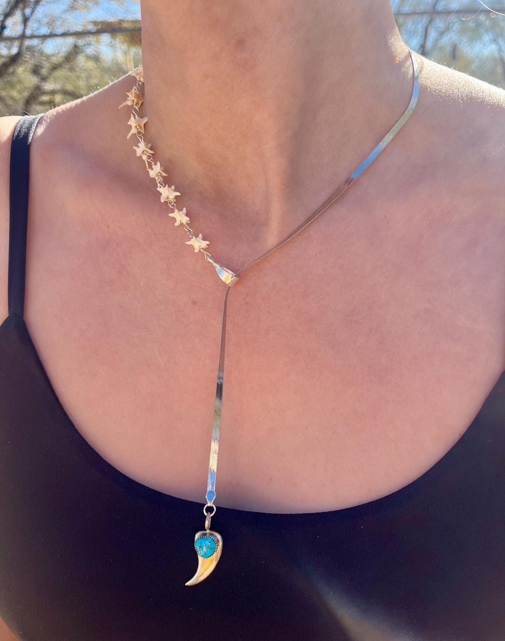 Sterling Turquoise Lariat Necklace | Herringbone Chain | Rattlesnake Vertebrae | 21.5”