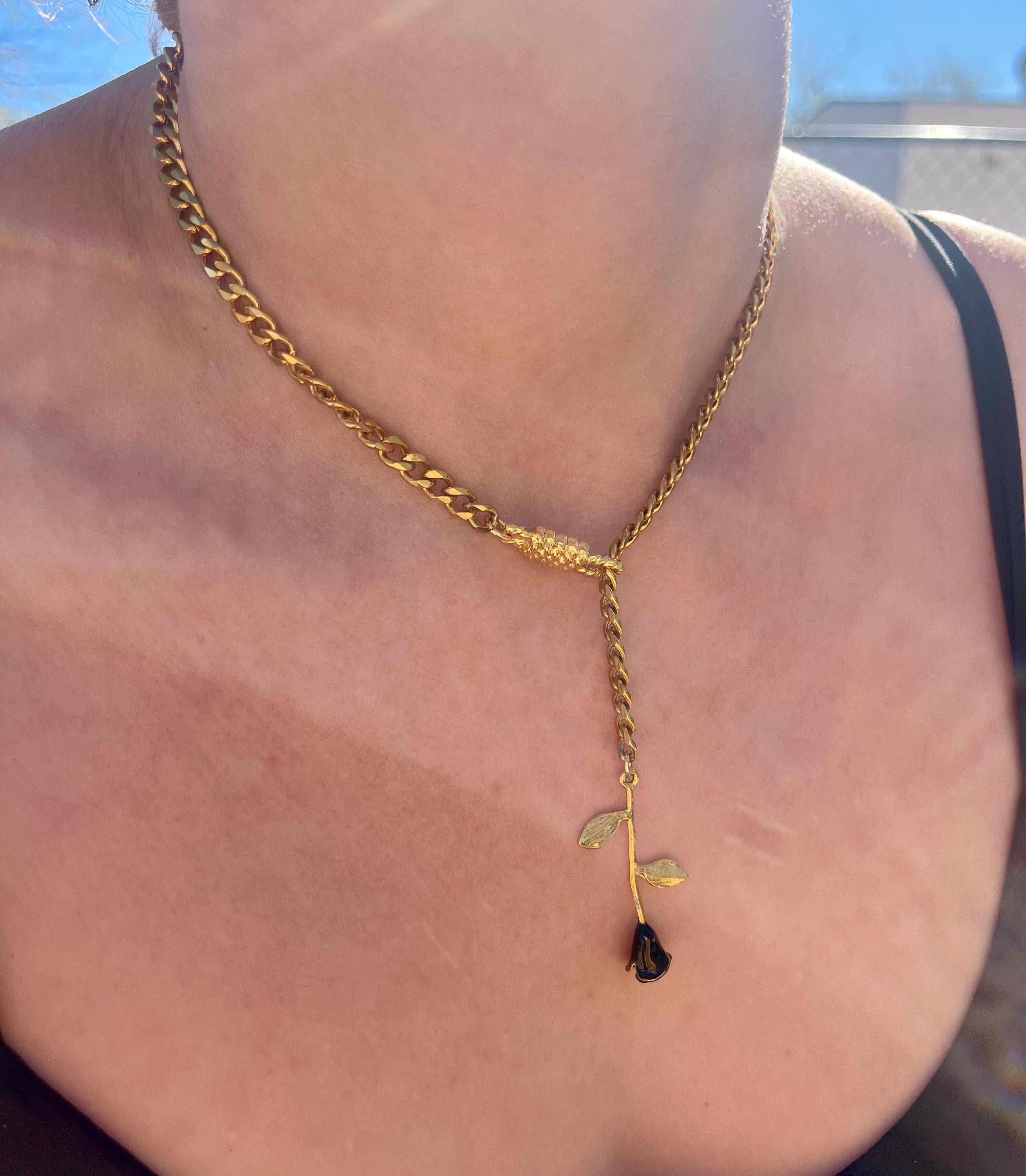 Rose Lariat Necklace | Gold Plated Cuban Chain | Rope Lariat Drop | 18”