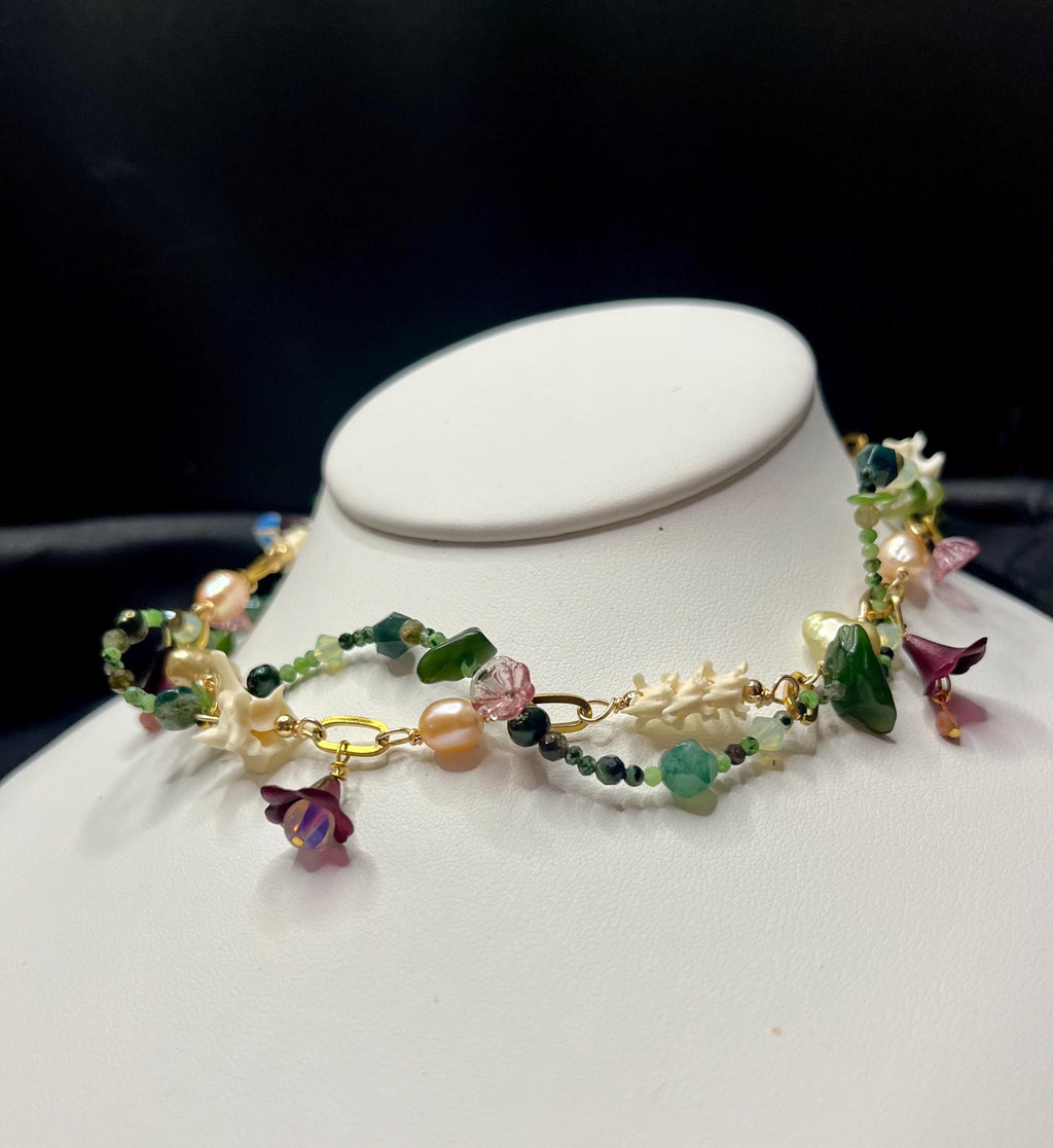 Garden of Eden Necklace – Jade, Tourmaline, Freshwater Pearl, Rattlesnake Bone, Opalite, Glass & Acrylic Flowers – 14–16”