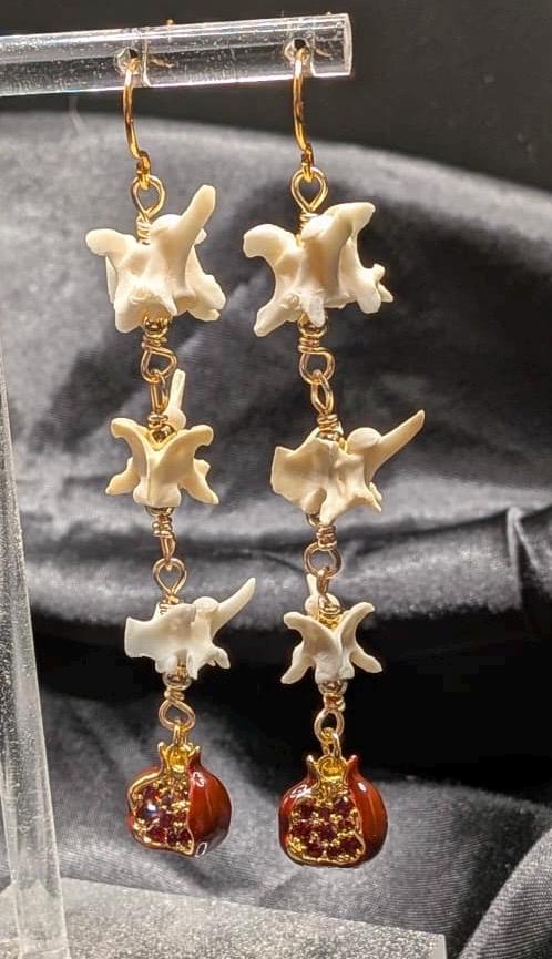 Garden of Eden Rattlesnake Vertebrae & Pomegranate Earrings, 3”
