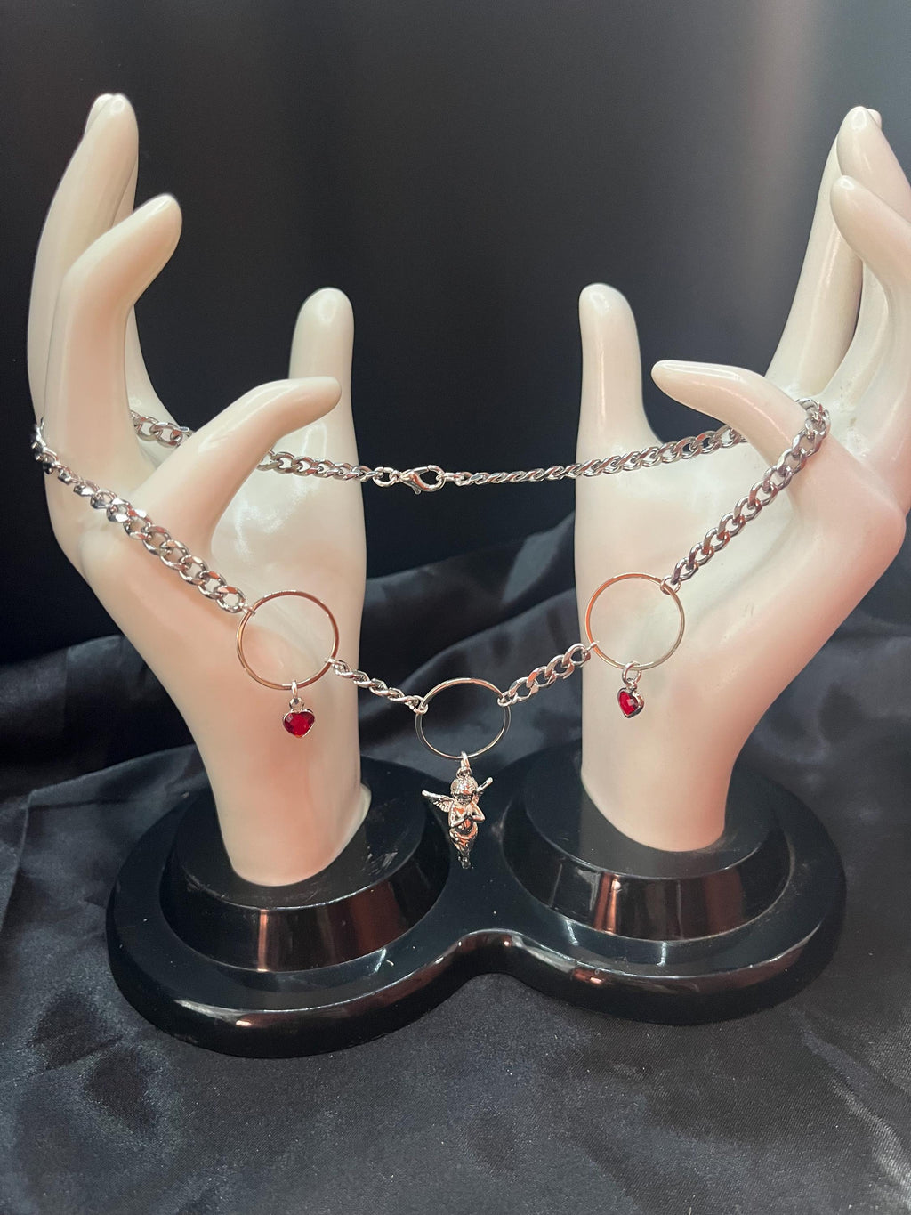 Angel Necklace | Stainless Steel or Gold Plate Curb Chain | Rhinestone Heart Charms | 15”