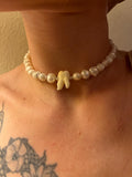 White Freshwater Pearl Necklace with Human Tooth and Sterling Silver, 14–15.25”