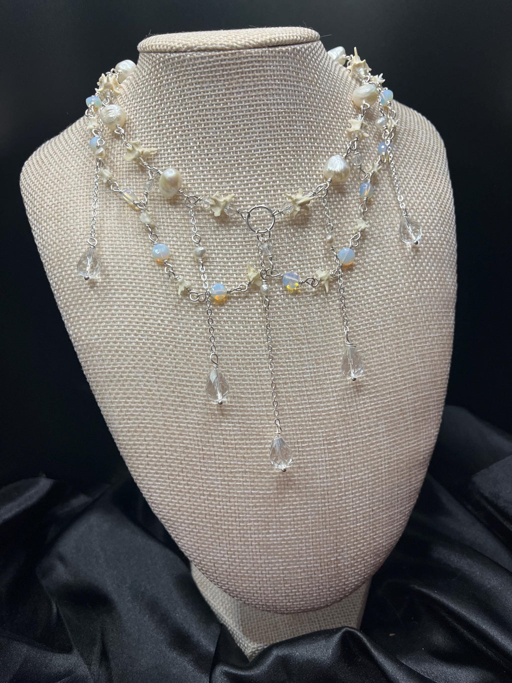 Opalite & Crystal Necklace – Freshwater Pearl, Rattlesnake Bone, Sterling Silver Draped Choker – 13–15”