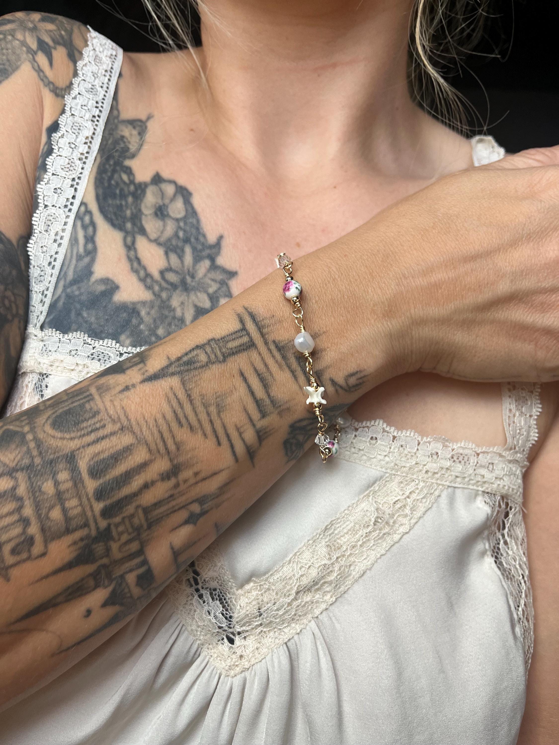 Pink Floral Ceramic, Freshwater Pearl, Rattlesnake Vertebrae & Crystal Bracelet – 18k Gold-Plated