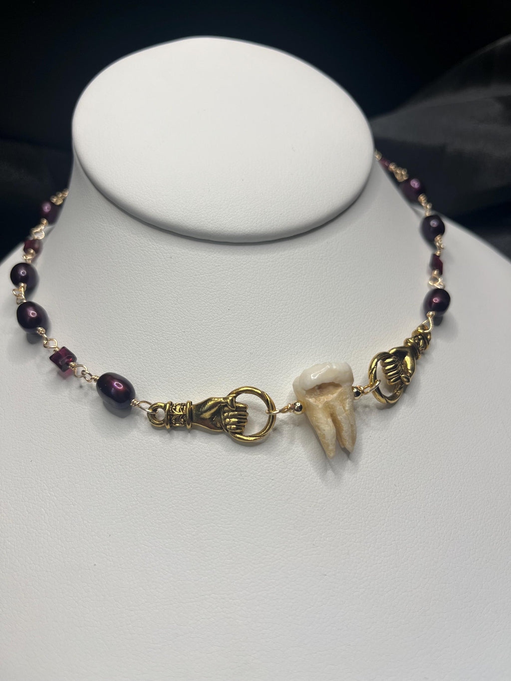 Freshwater Pearl & Garnet Necklace with Human Molar | Adjustable length | 14”-16”