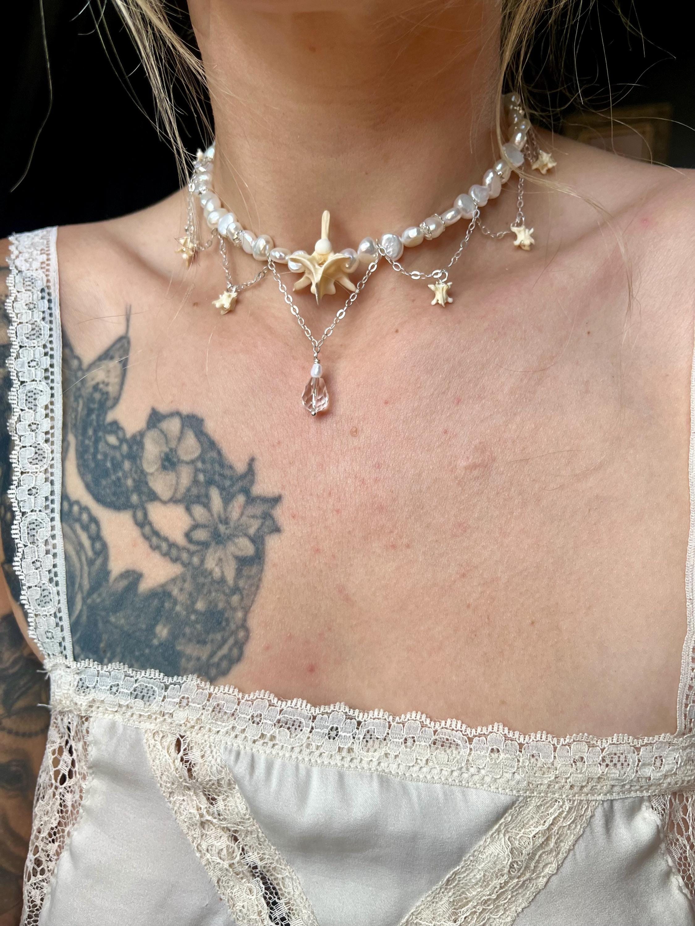 Freshwater Pearl & Rattlesnake Vertebrae Necklace – Sterling Silver Chain, Adjustable 13.75–15”