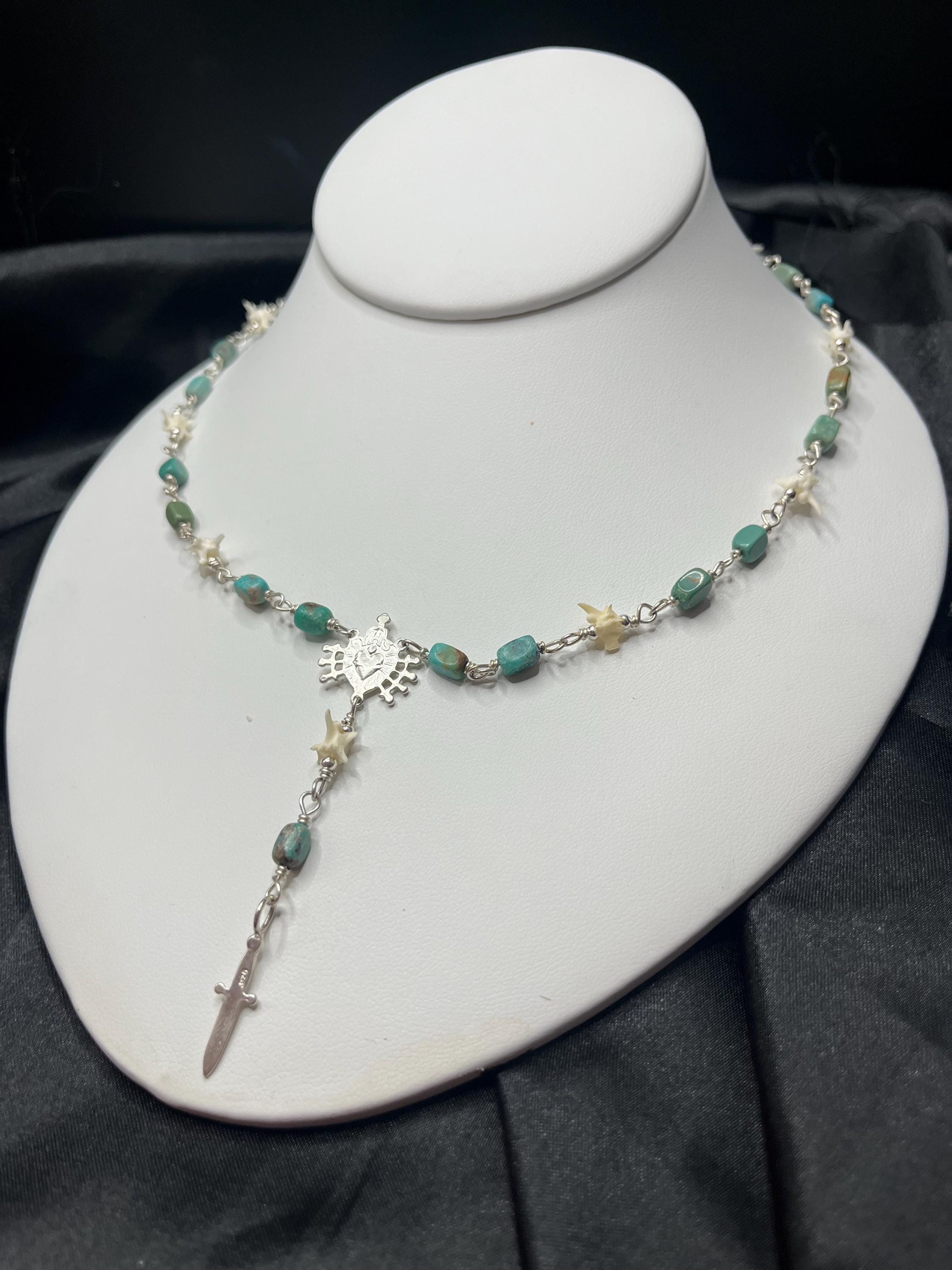 Kingman Turquoise and Rattlesnake Vertebrae Rosary Necklace – Sterling Silver Sacred Heart & Dagger Lariat – 17-18.5”