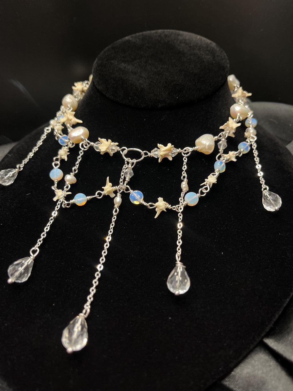 Opalite & Crystal Necklace – Freshwater Pearl, Rattlesnake Bone, Sterling Silver Draped Choker – 13–15”