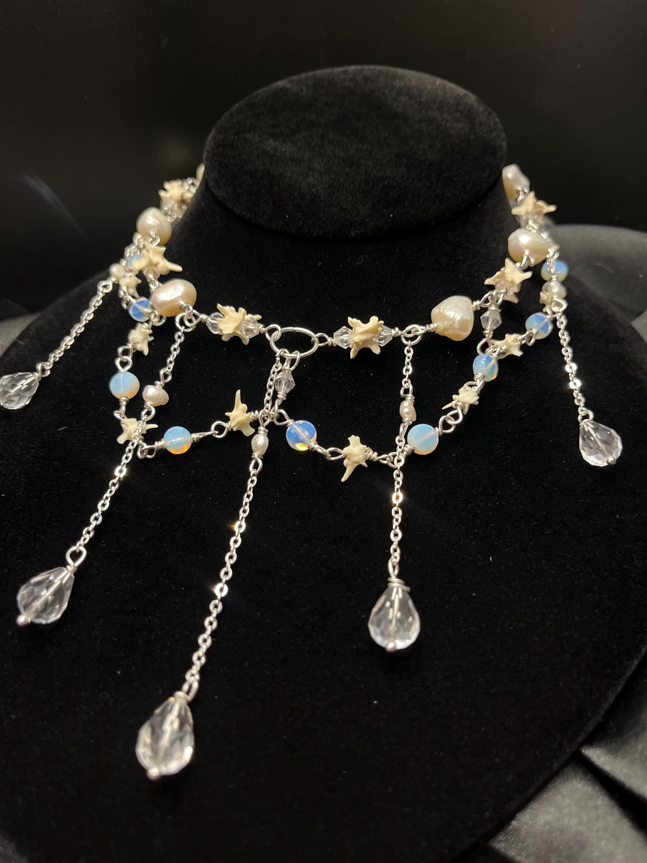 Opalite & Crystal Necklace – Freshwater Pearl, Rattlesnake Bone, Sterling Silver Draped Choker – 13–15”