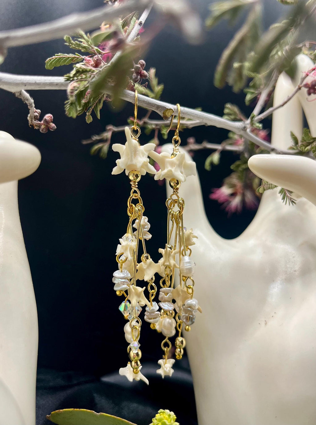 Snake Vertebrae & Pearl Dangle Earrings | Crystal Accent | 3”