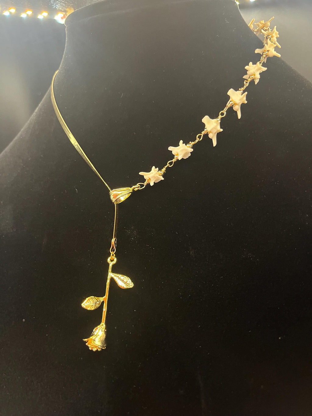 Rose Bone Lariat Necklace | Gold Plated Sterling Herringbone Chain | Rattlesnake Vertebrae | 19”