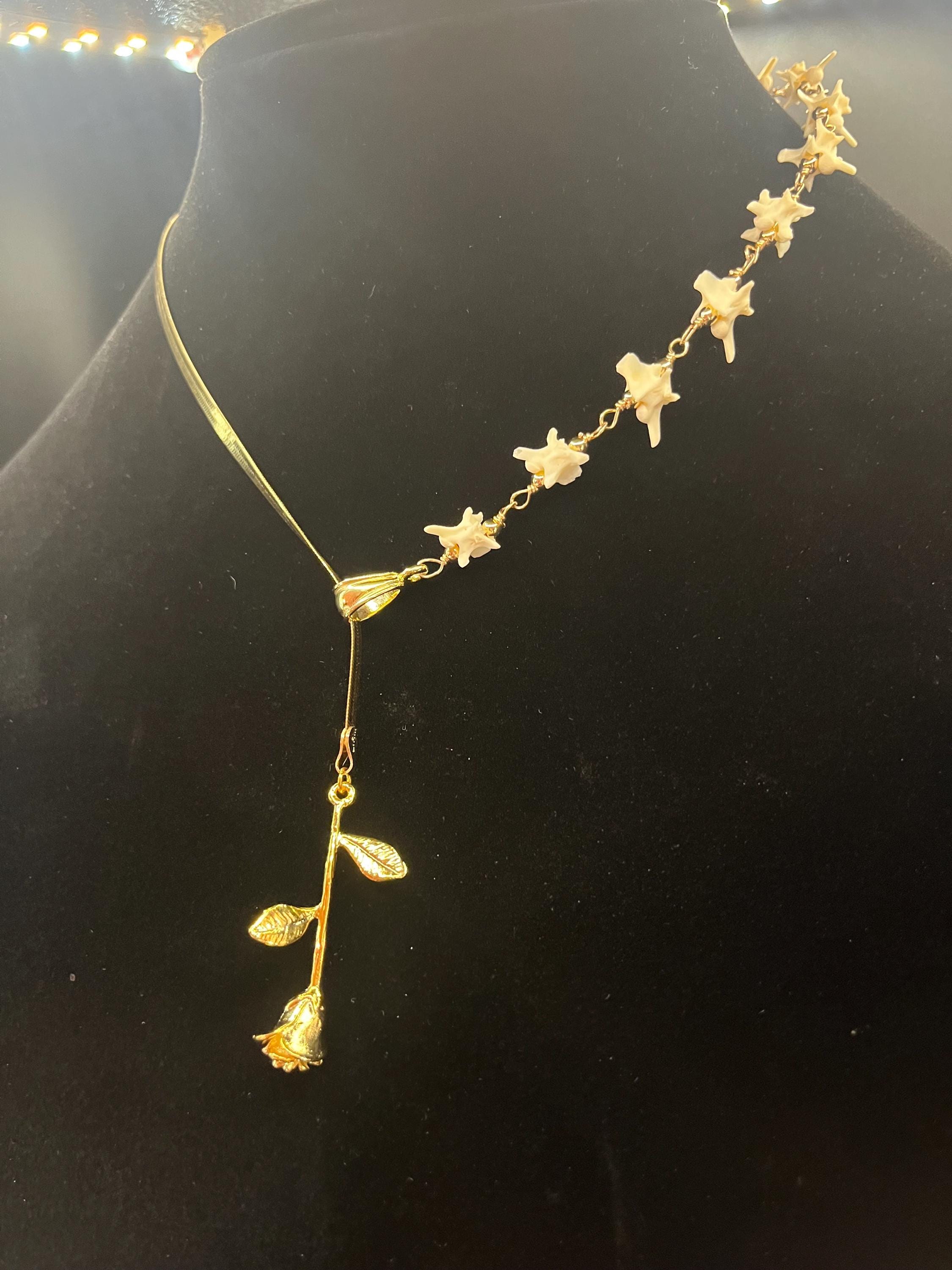 Rose Bone Lariat Necklace | Gold Plated Sterling Herringbone Chain | Rattlesnake Vertebrae | 19”