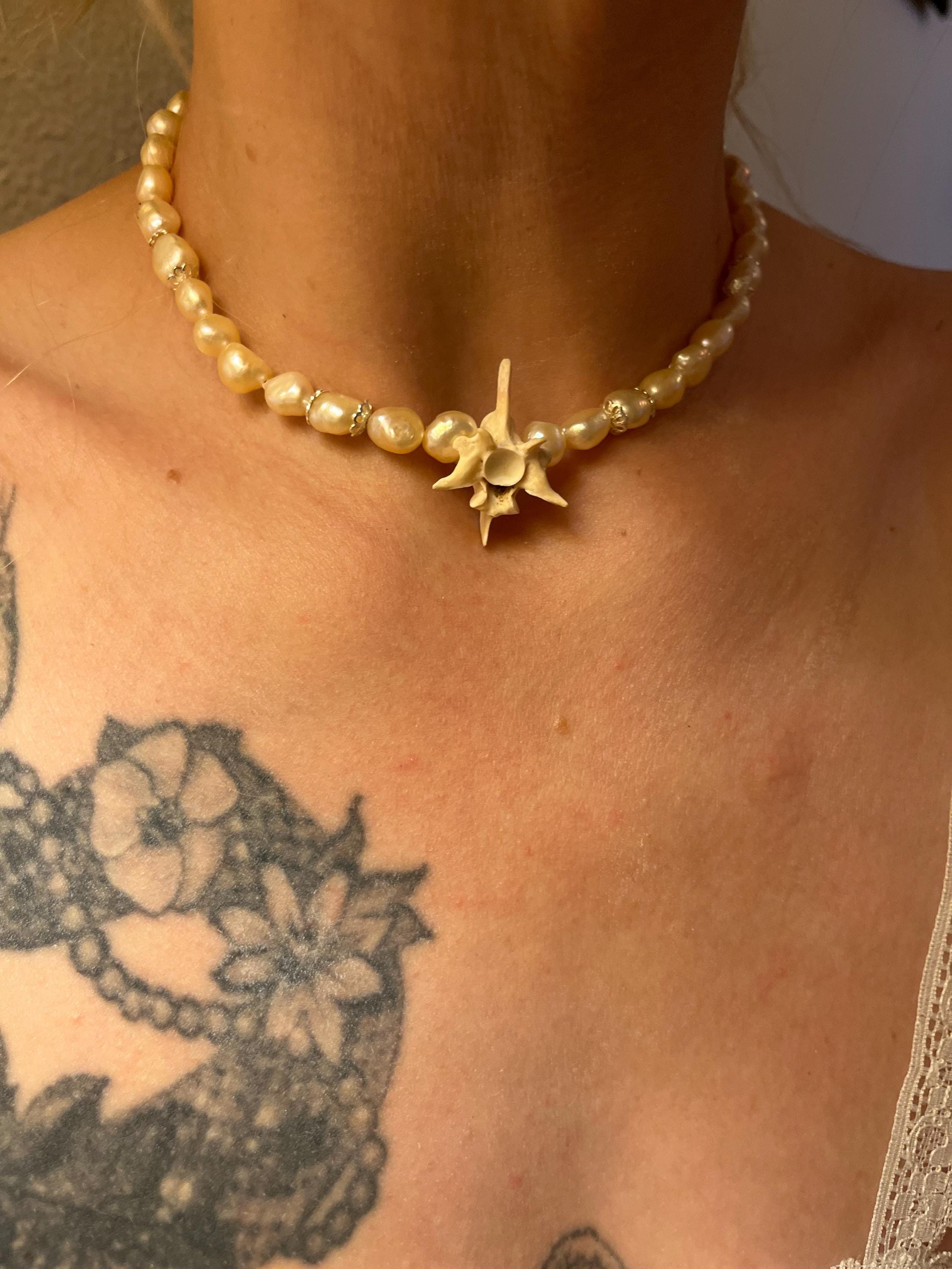 Blush Pink Freshwater Pearl Necklace with Rattlesnake Vertebrae and Gold Accents, 14.5–16.5”