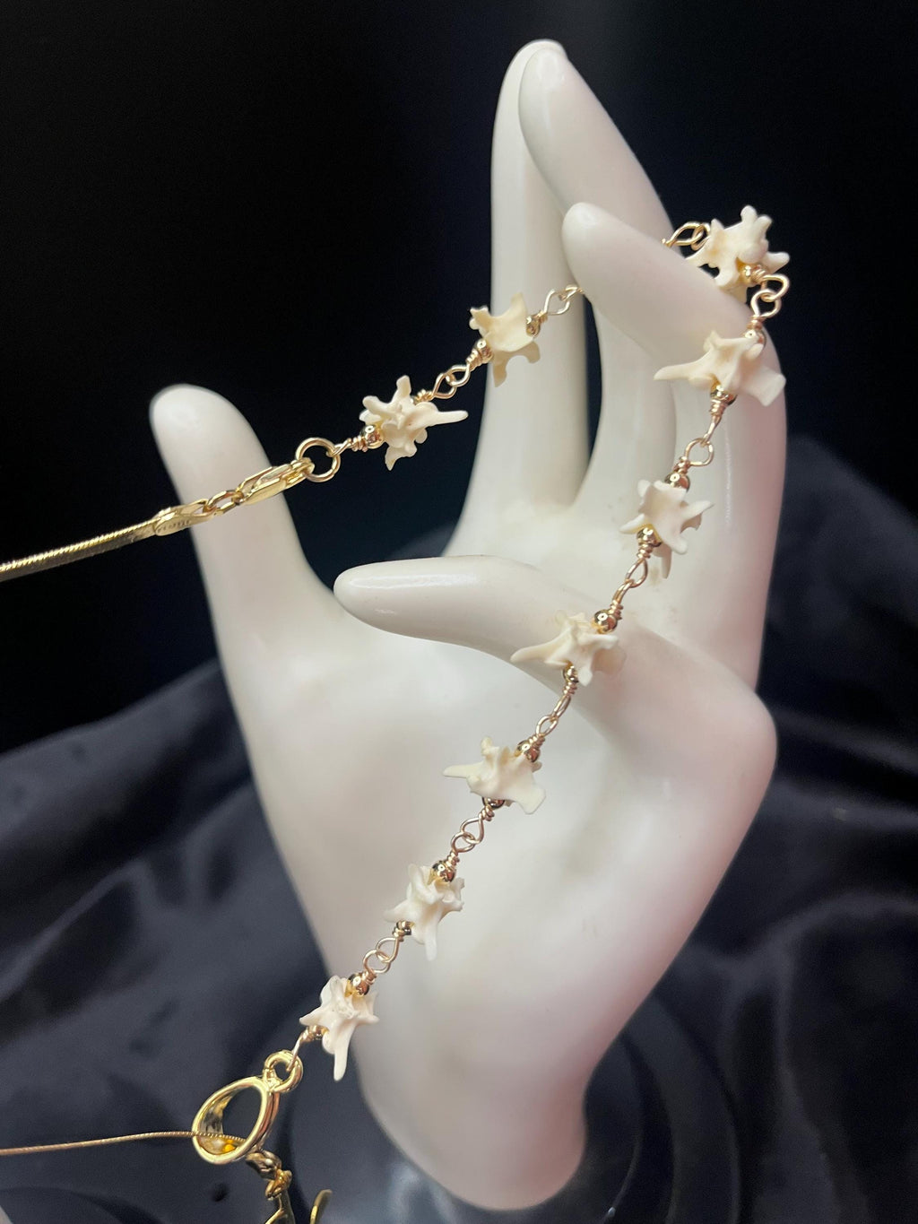 Rose Bone Lariat Necklace | Gold Plated Sterling Herringbone Chain | Rattlesnake Vertebrae | 19”