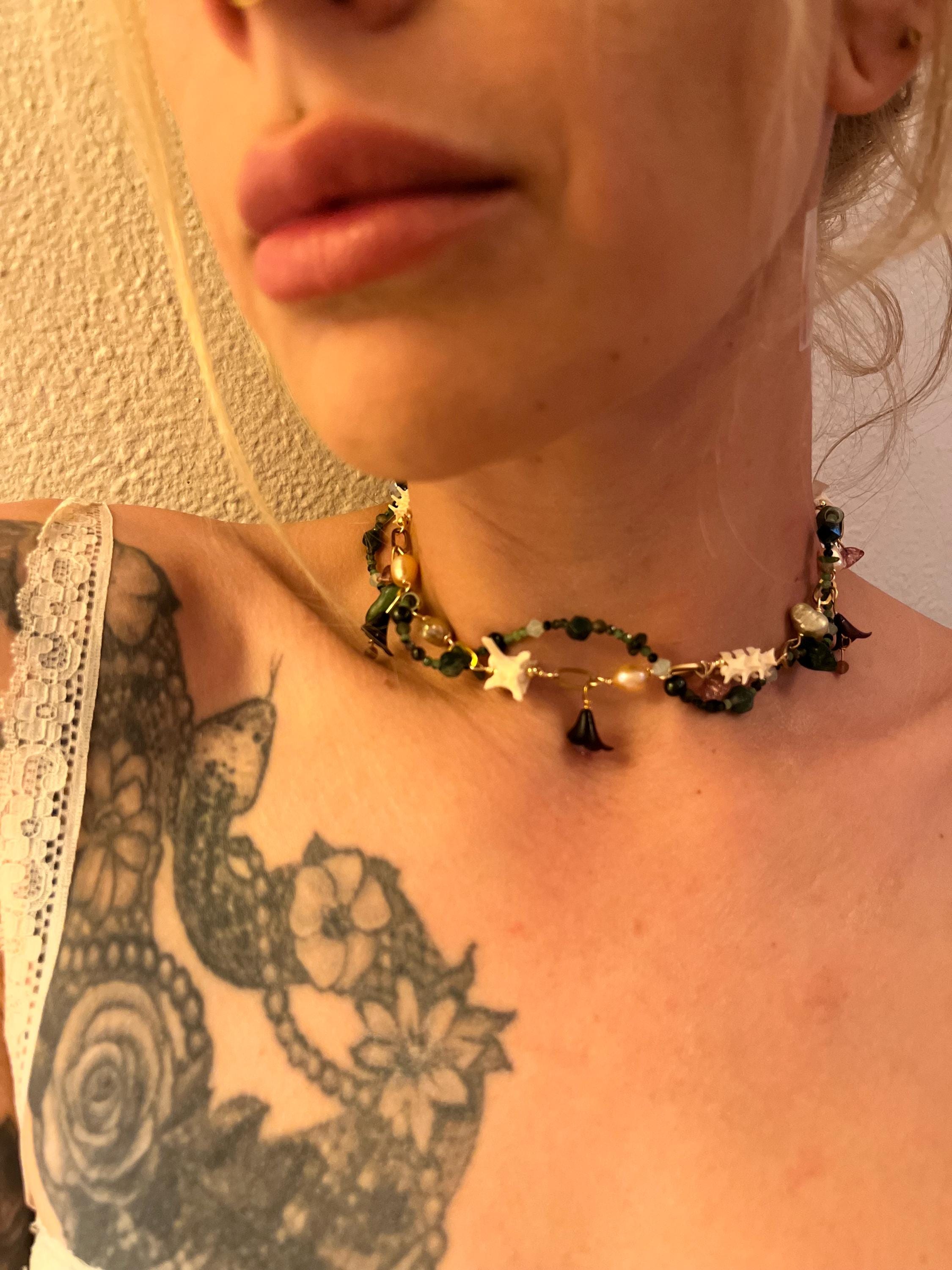 Garden of Eden Necklace – Jade, Tourmaline, Freshwater Pearl, Rattlesnake Bone, Opalite, Glass & Acrylic Flowers – 14–16”