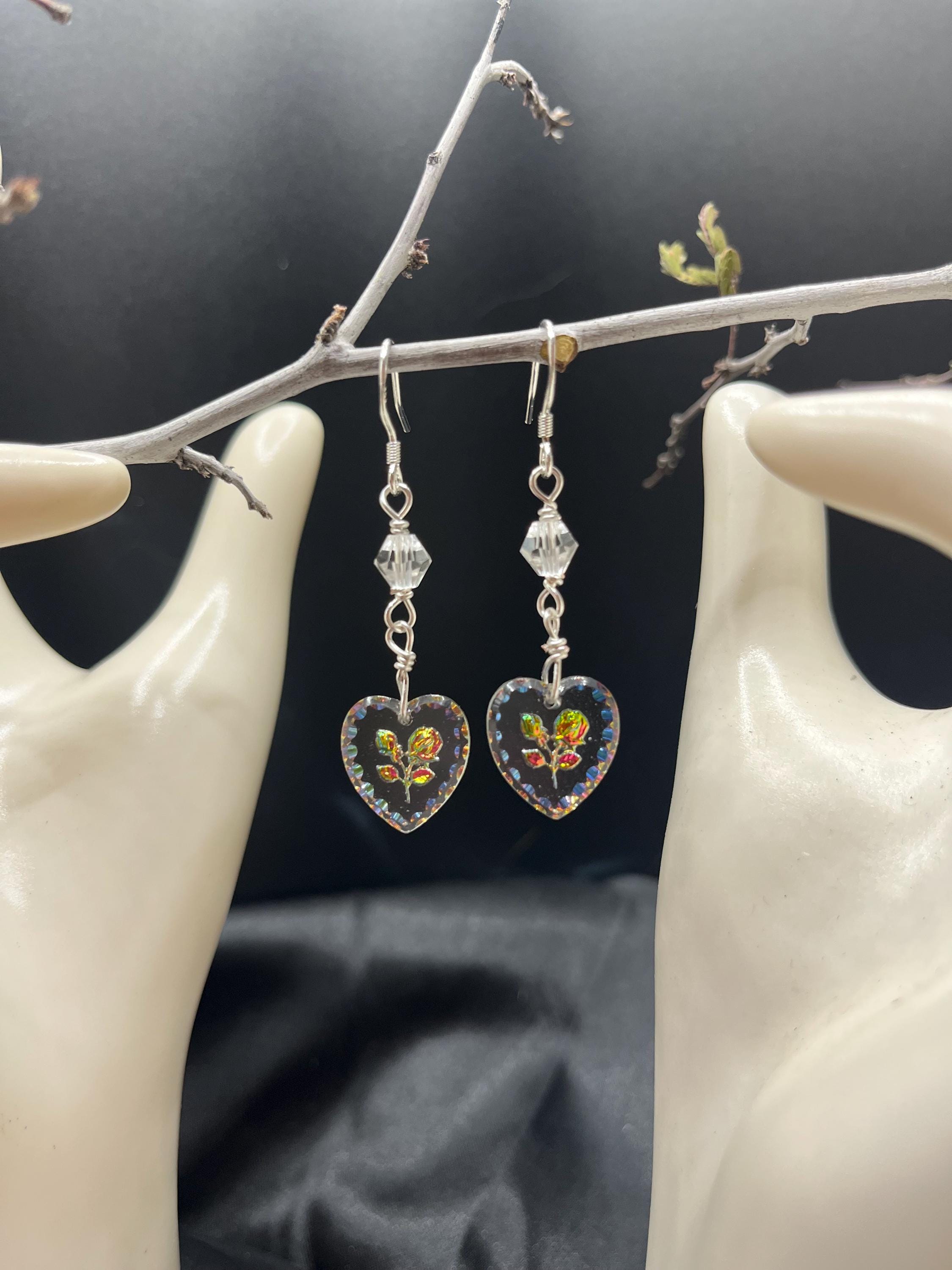 Crystal Floral Reverse Etched Glass Sterling Silver Earrings