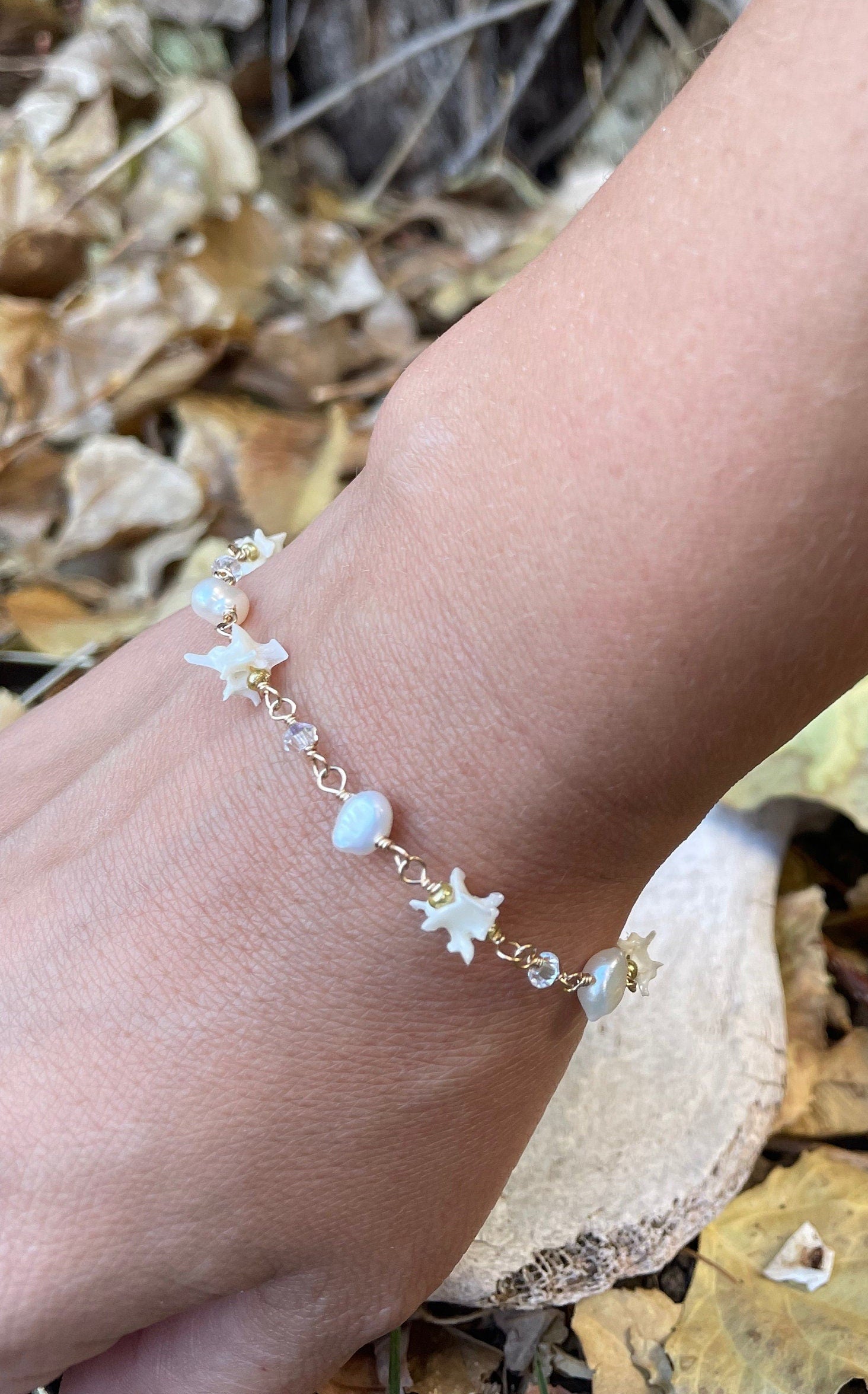 Wire Wrapped Rattlesnake Vertebrae and Pearl Bracelet