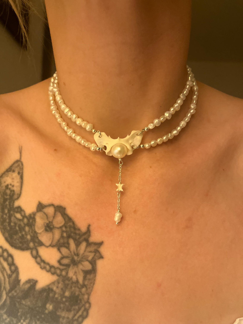 Fox Atlas Bone & Pearl Double Strand Choker – Sterling Silver – Rattlesnake Vertebrae Accent