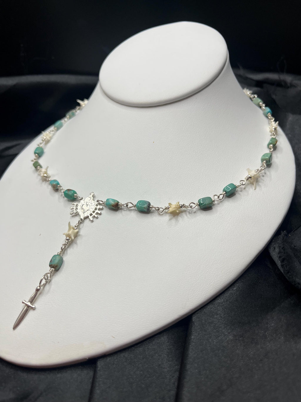 Kingman Turquoise and Rattlesnake Vertebrae Rosary Necklace – Sterling Silver Sacred Heart & Dagger Lariat – 17-18.5”