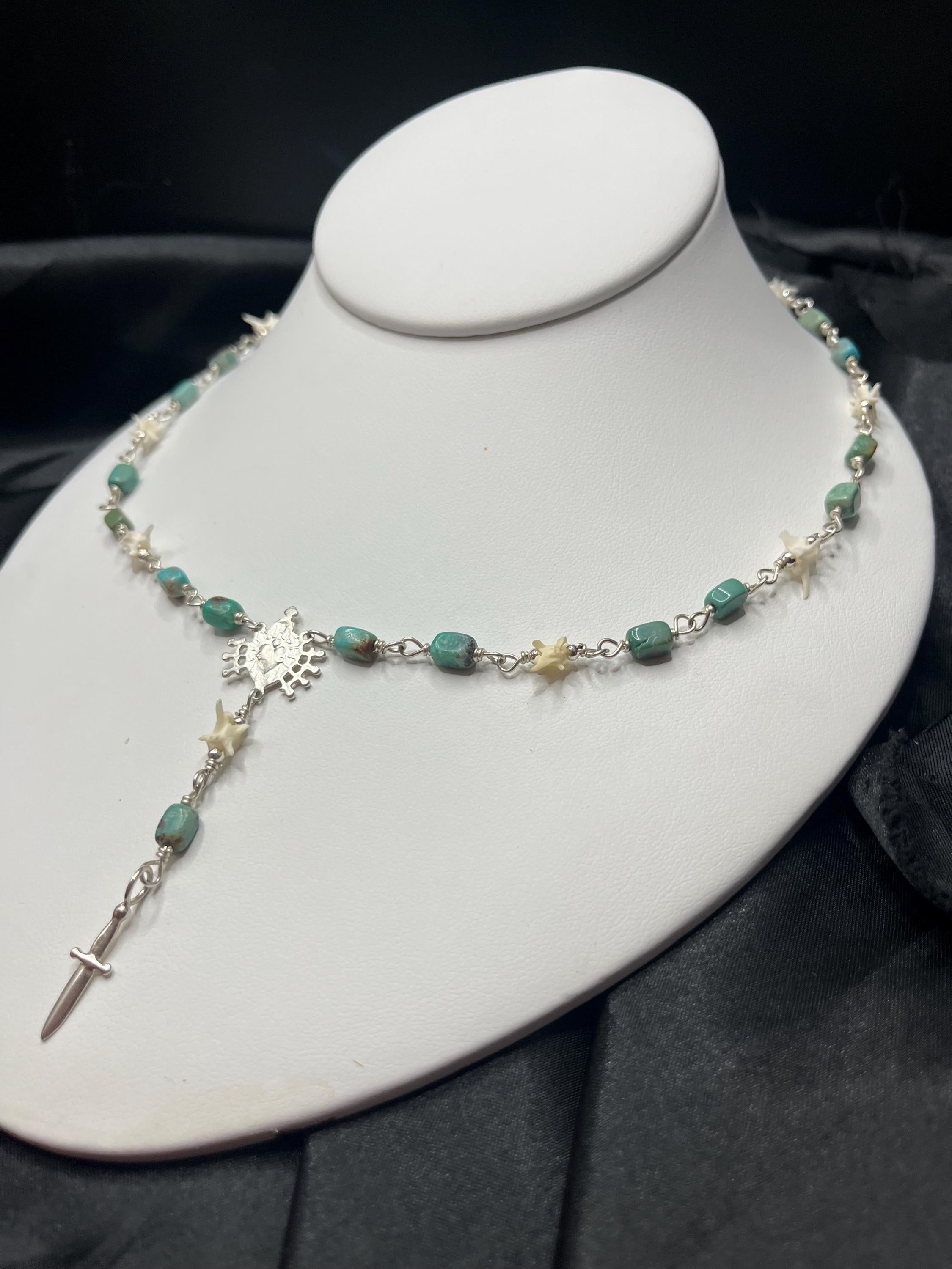 Kingman Turquoise and Rattlesnake Vertebrae Rosary Necklace – Sterling Silver Sacred Heart & Dagger Lariat – 17-18.5”