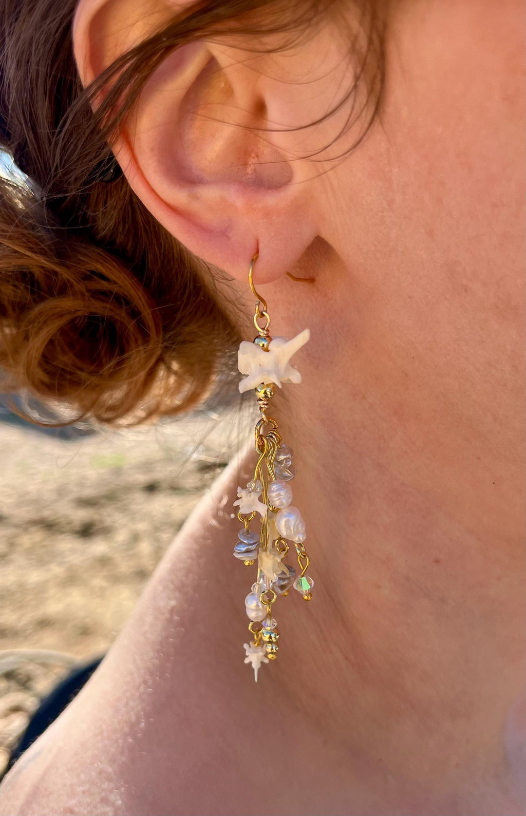 Snake Vertebrae & Pearl Dangle Earrings | Crystal Accent | 3”