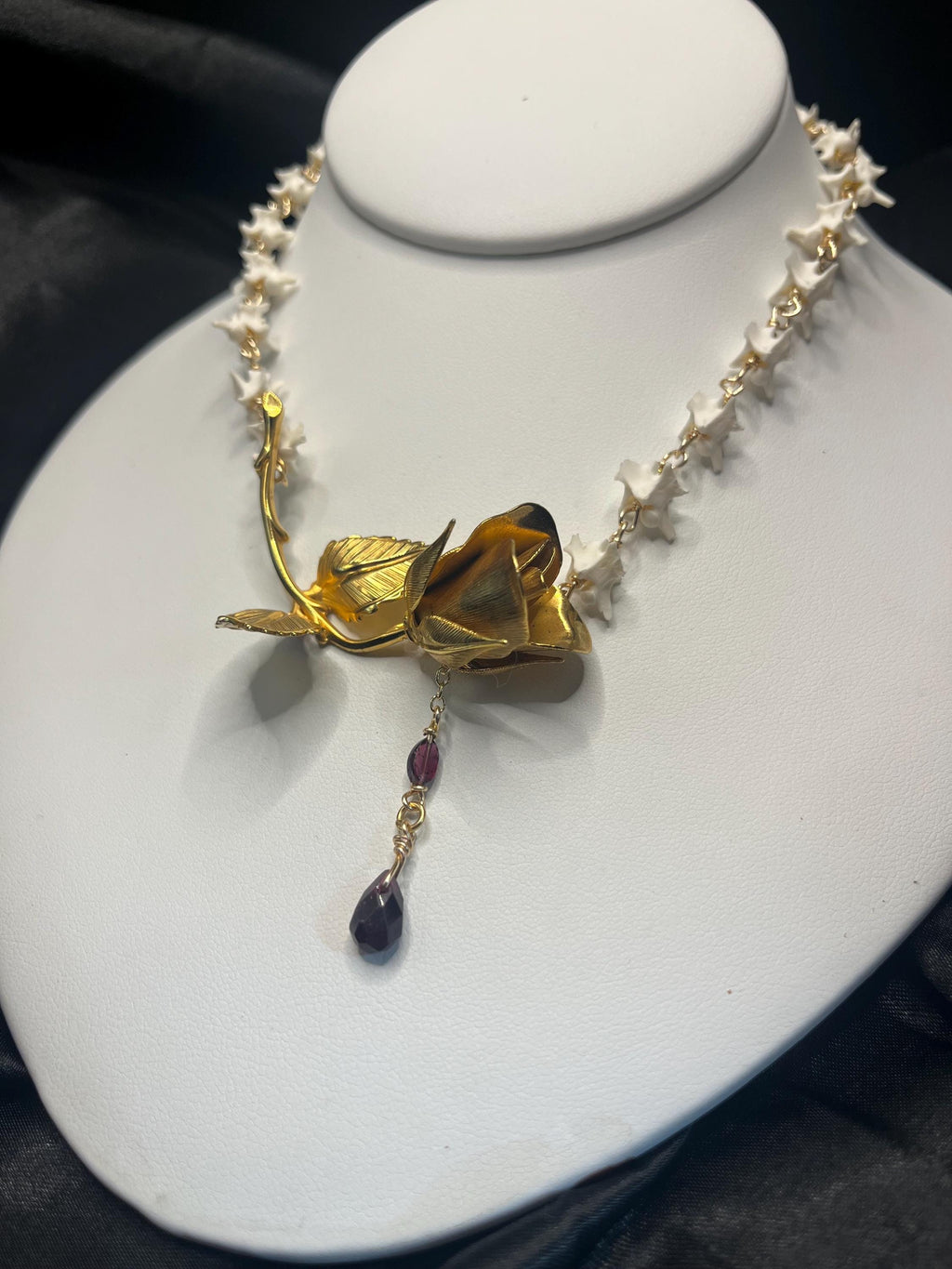 Antique Gold Plated Brooch Necklace with Rattlesnake Vertebrae and Garnet, 14.5–16.5”