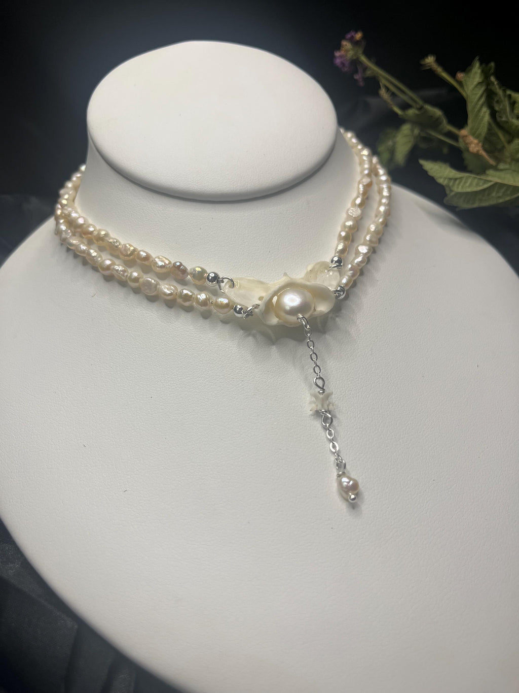 Fox Atlas Bone & Pearl Double Strand Choker – Sterling Silver – Rattlesnake Vertebrae Accent