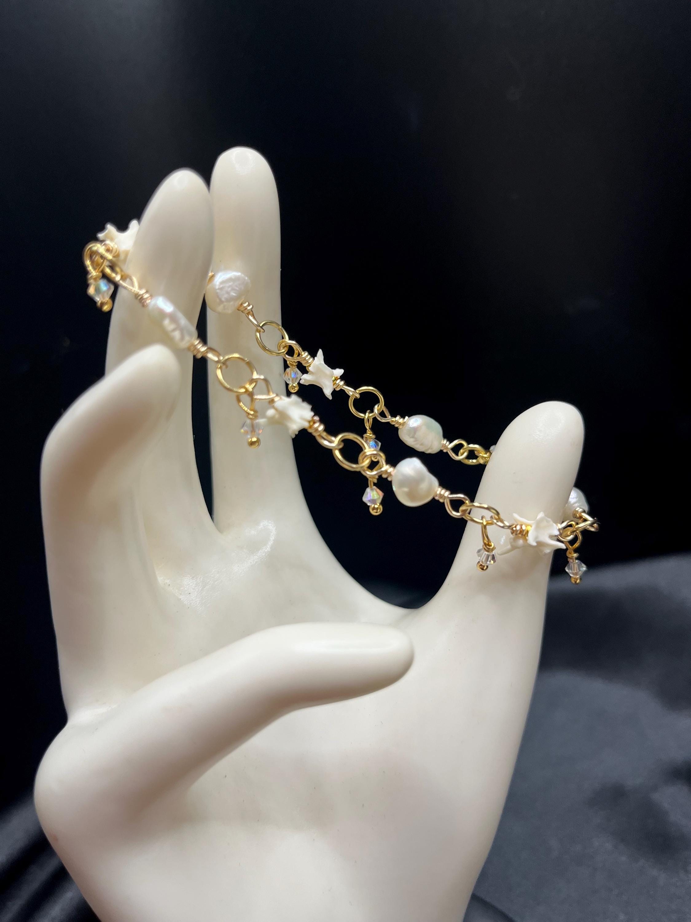 Freshwater Pearl, Rattlesnake Vertebrae & Crystal Drop Bracelet – 18k Gold-Plated