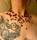 Queen of the Damned- Blood Red Crystal Draped Necklace with Pomegranate Charm, 18k Gold-Plated, 14–16”