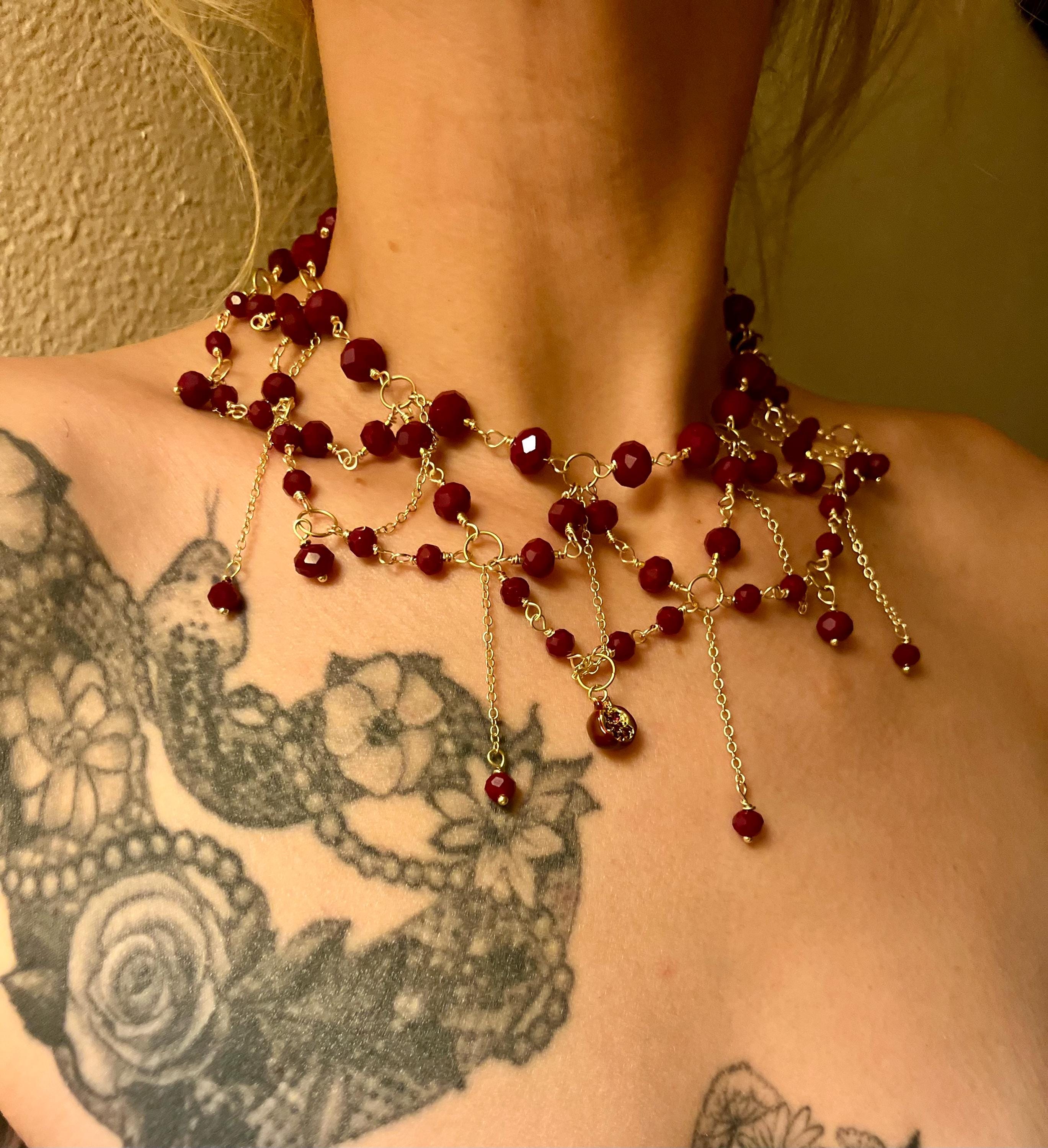 Queen of the Damned- Blood Red Crystal Draped Necklace with Pomegranate Charm, 18k Gold-Plated, 14–16”