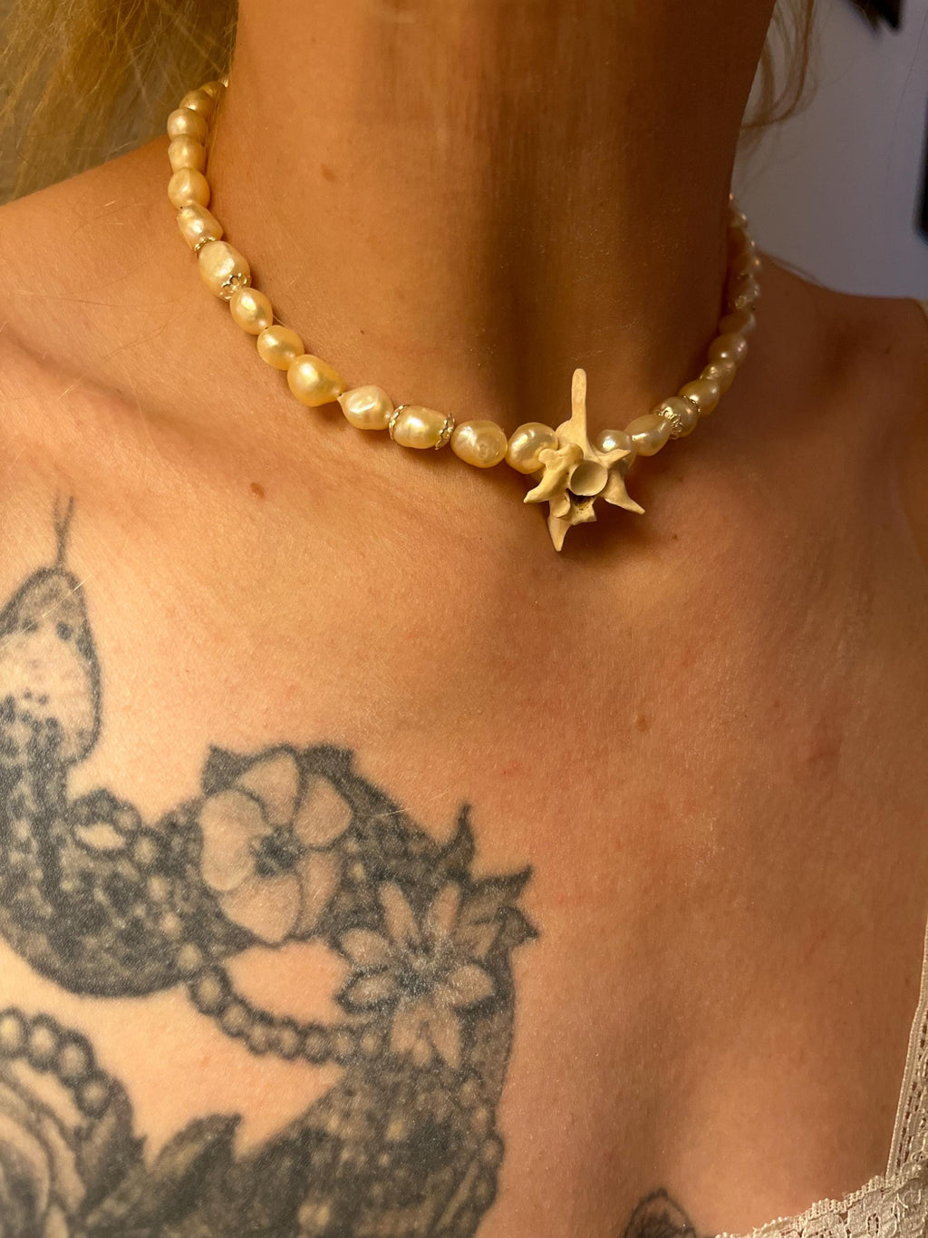 Blush Pink Freshwater Pearl Necklace with Rattlesnake Vertebrae and Gold Accents, 14.5–16.5”