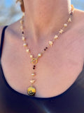 Locket Lariat Necklace | Snake Vertebrae + Garnet Crystal + Freshwater Pearl | Gold Plated | 25”