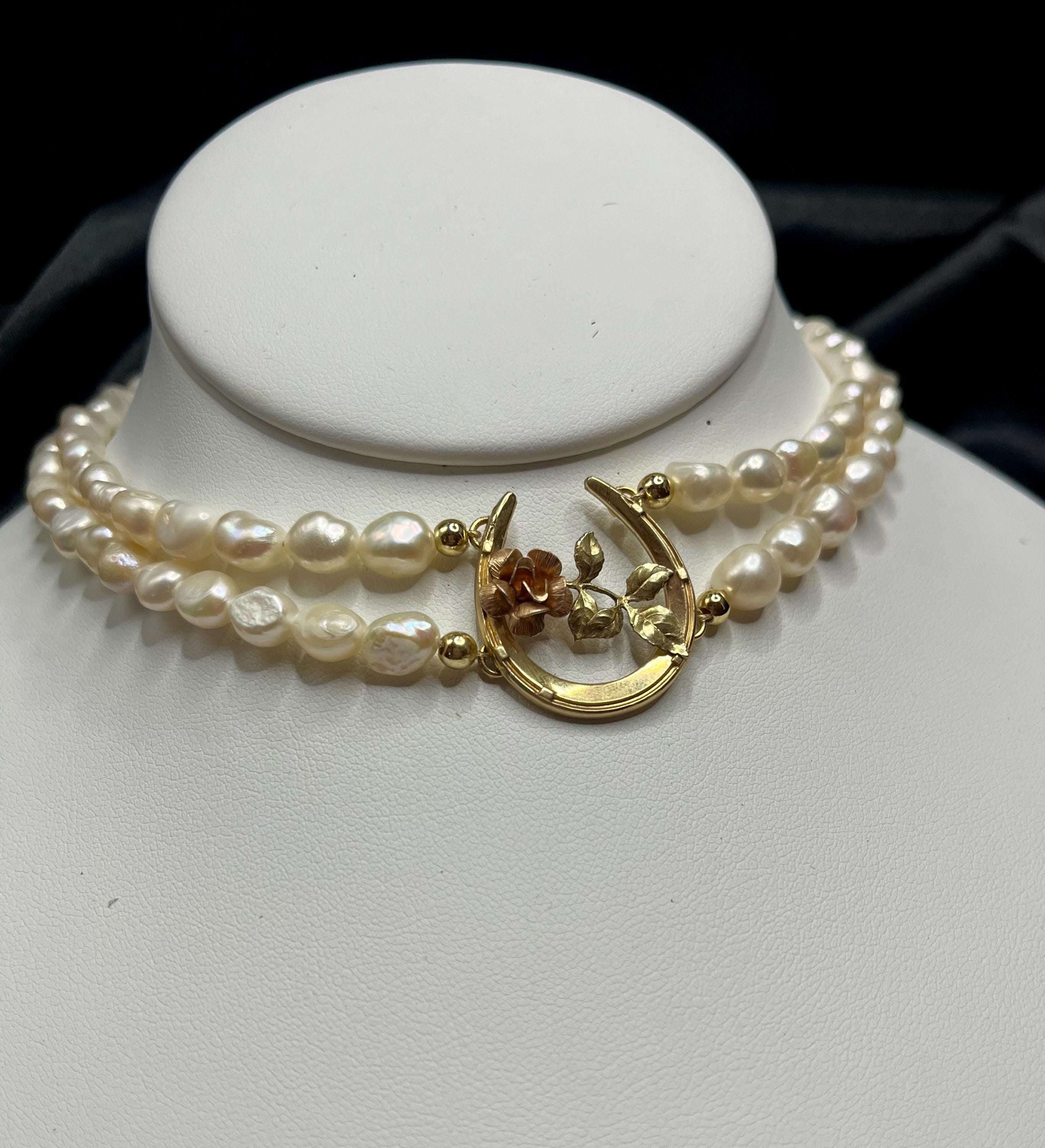 Antique Horseshoe Brooch Necklace with Double Strand Freshwater Pearls, 14–16”