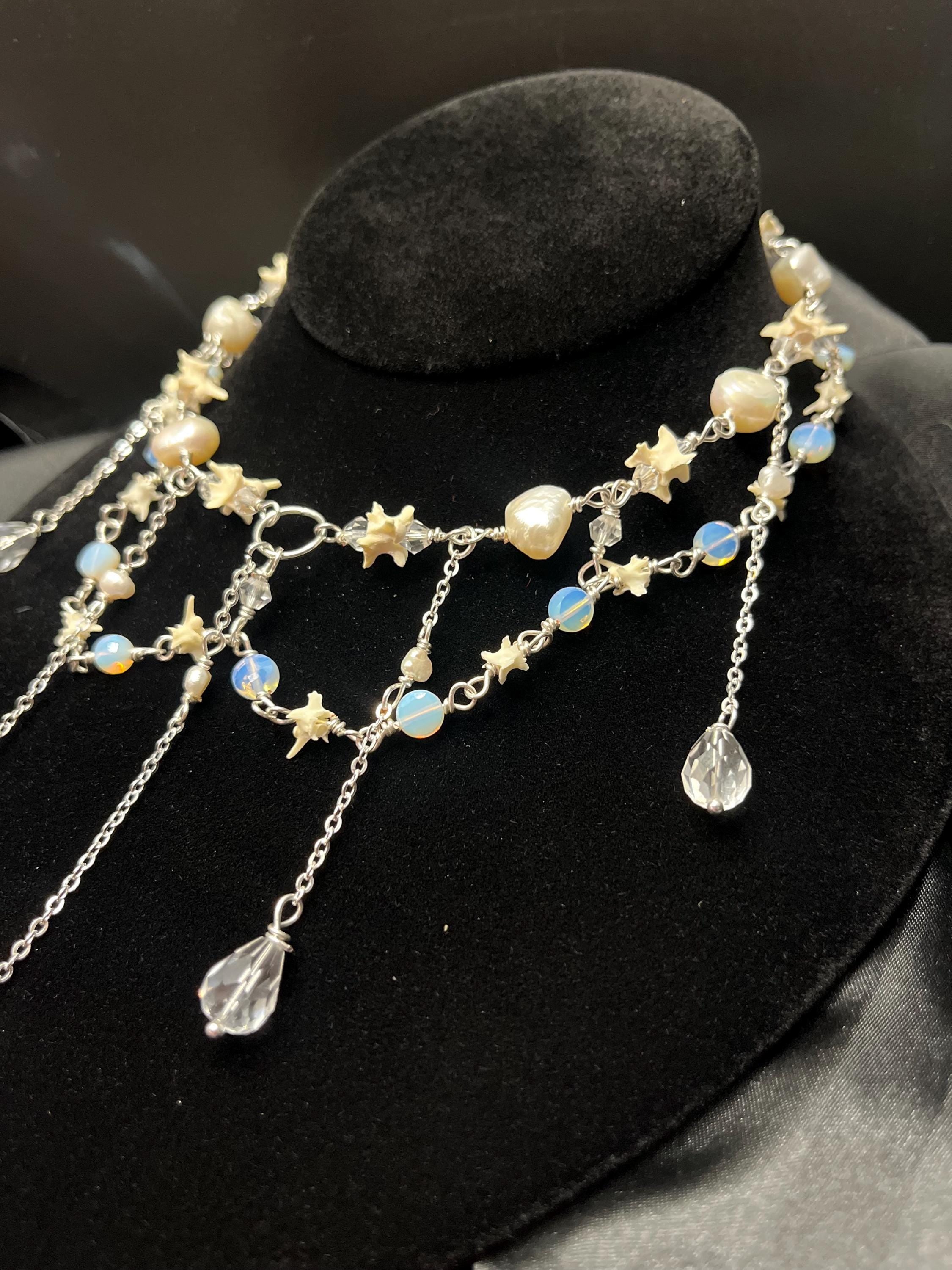 Opalite & Crystal Necklace – Freshwater Pearl, Rattlesnake Bone, Sterling Silver Draped Choker – 13–15”