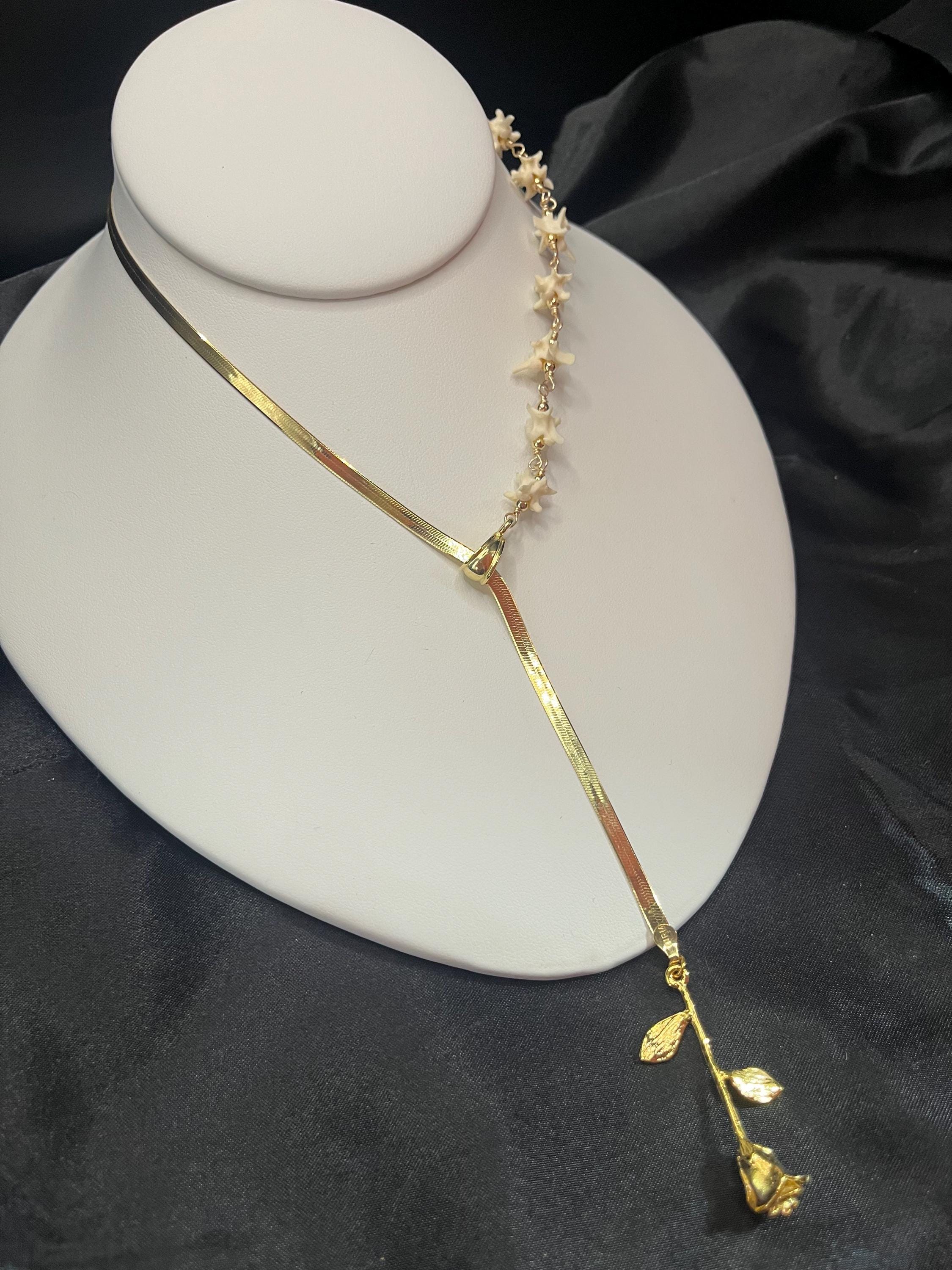 Rose Bone Lariat Necklace | Gold Plated Sterling Herringbone Chain | Rattlesnake Vertebrae | 19”