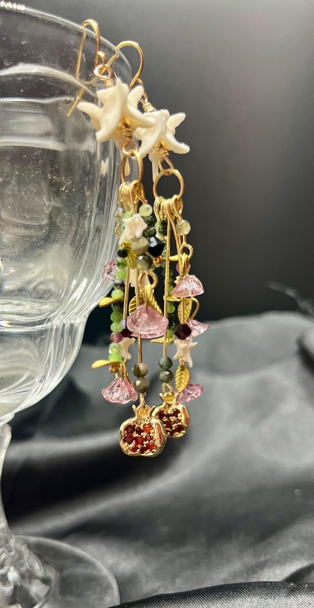 Garden of Eden Dangle Earrings – Rattlesnake Vertebrae, Tourmaline, Garnet & Pomegranate Charms – 18k Gold-Plated