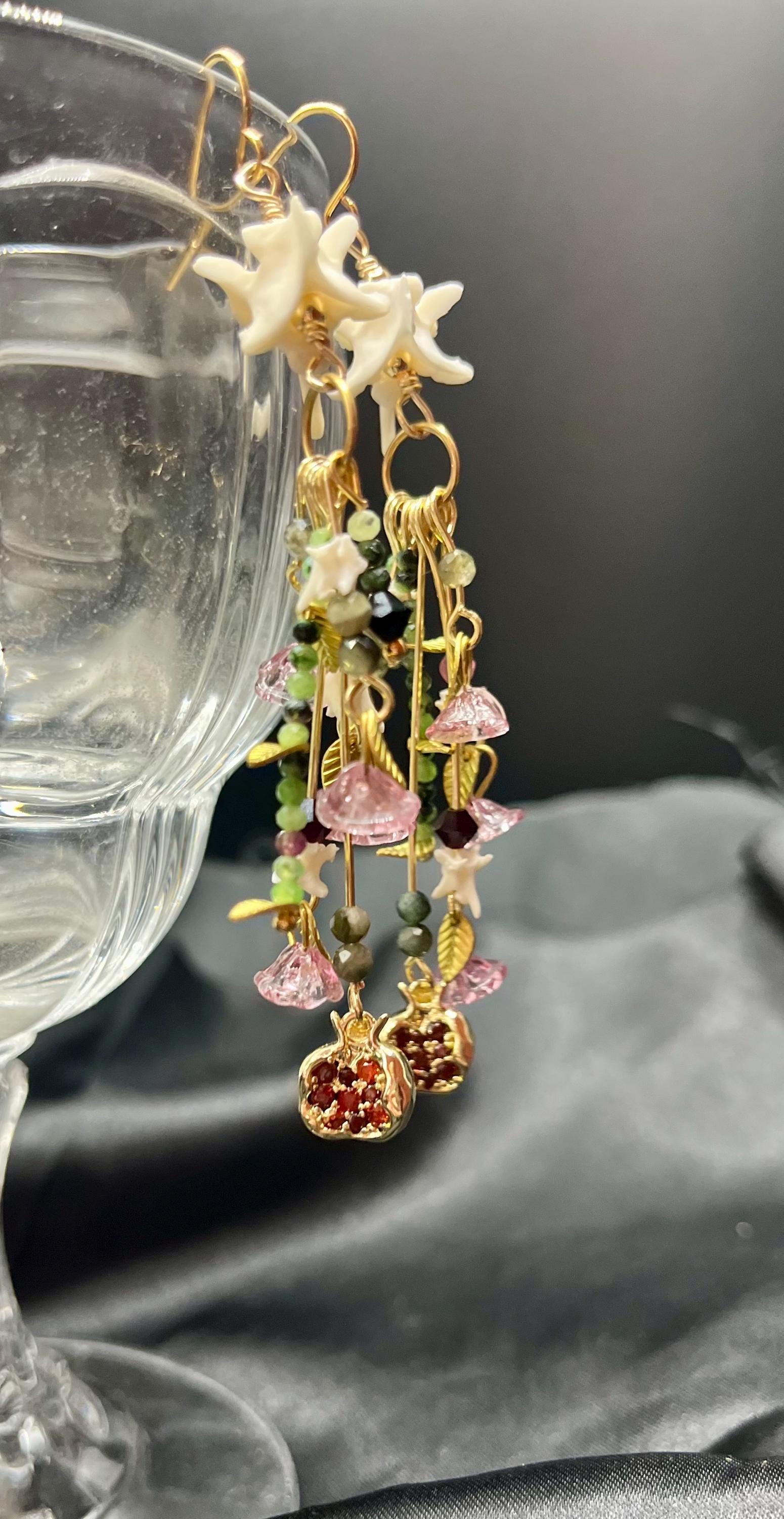 Garden of Eden Dangle Earrings – Rattlesnake Vertebrae, Tourmaline, Garnet & Pomegranate Charms – 18k Gold-Plated