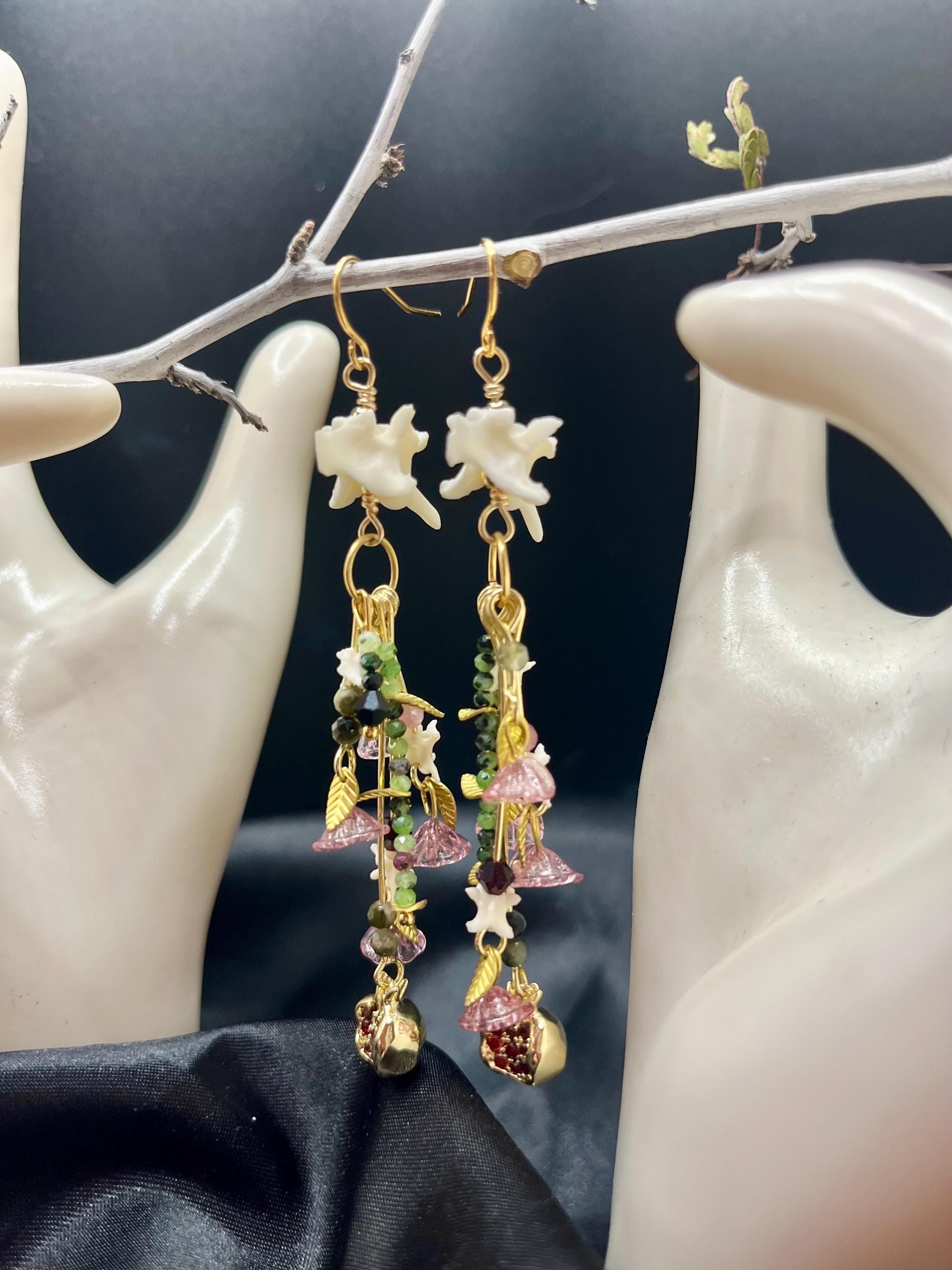 Garden of Eden Dangle Earrings – Rattlesnake Vertebrae, Tourmaline, Garnet & Pomegranate Charms – 18k Gold-Plated