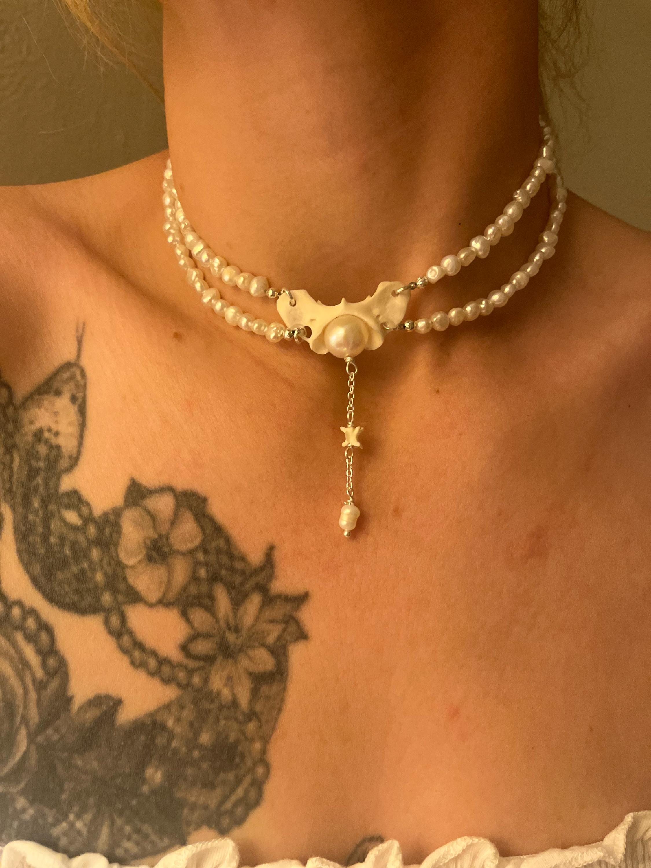 Fox Atlas Bone & Pearl Double Strand Choker – Sterling Silver – Rattlesnake Vertebrae Accent