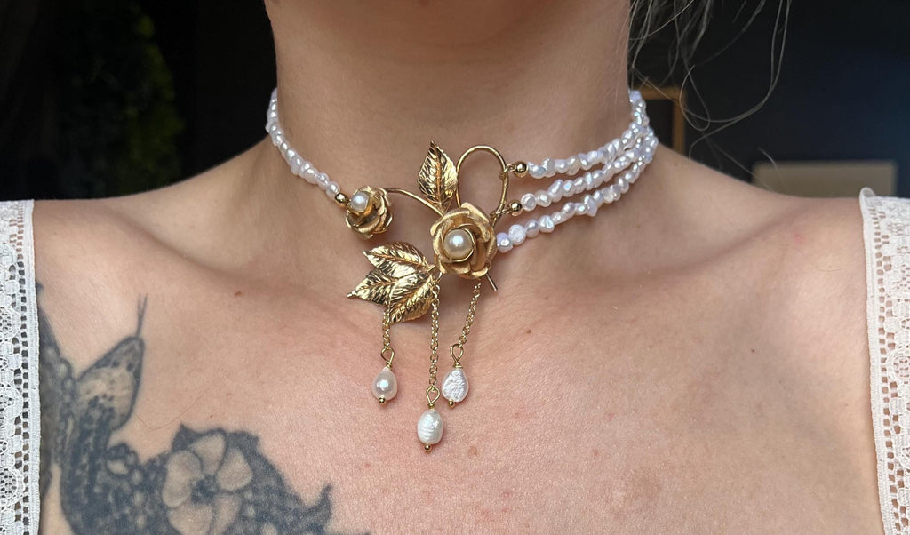 Antique Gold Filled Brooch Necklace with Freshwater Pearl Multi-Strand Choker, 13–15”
