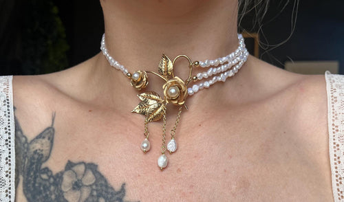 Antique Gold Filled Brooch Necklace with Freshwater Pearl Multi-Strand Choker, 13–15”
