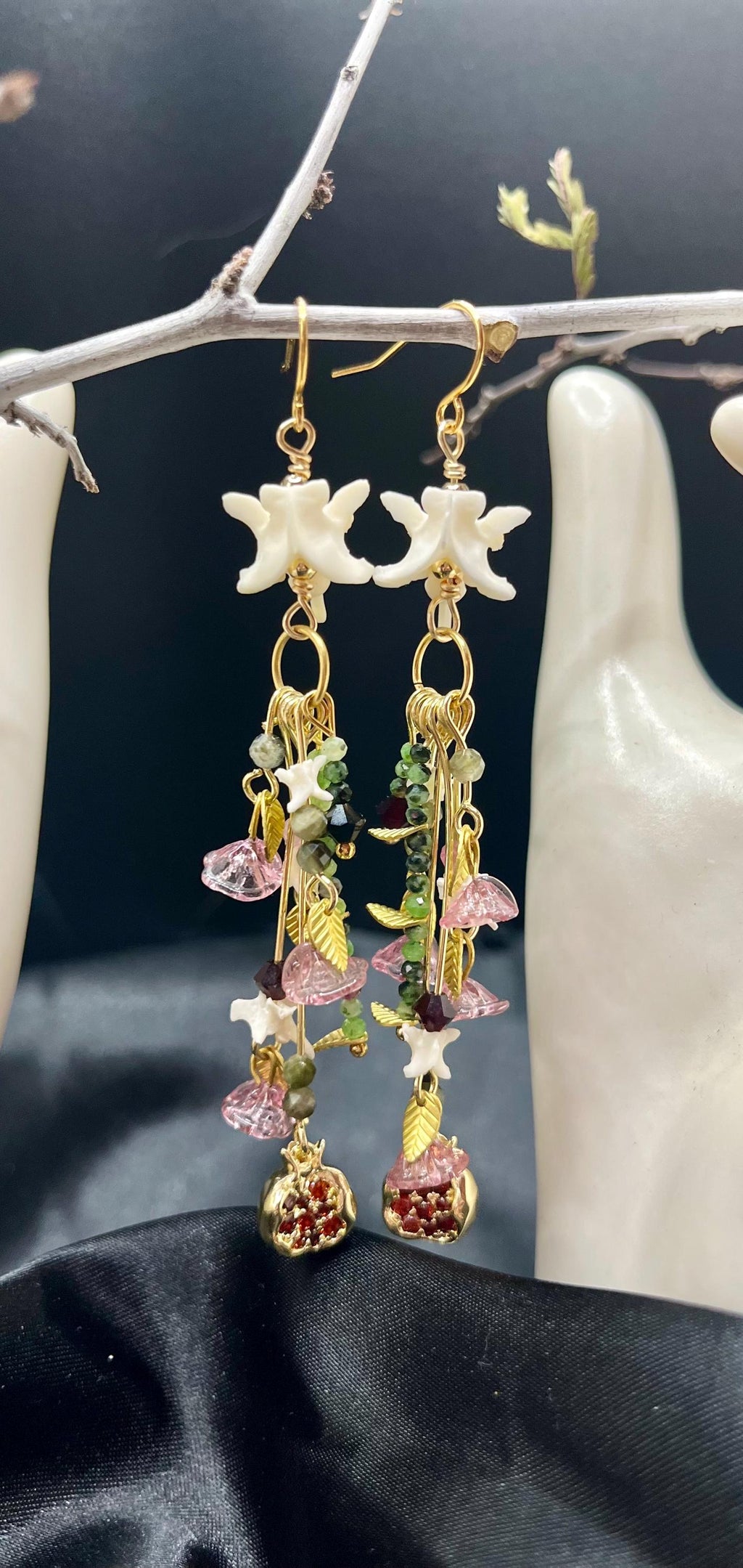 Garden of Eden Dangle Earrings – Rattlesnake Vertebrae, Tourmaline, Garnet & Pomegranate Charms – 18k Gold-Plated