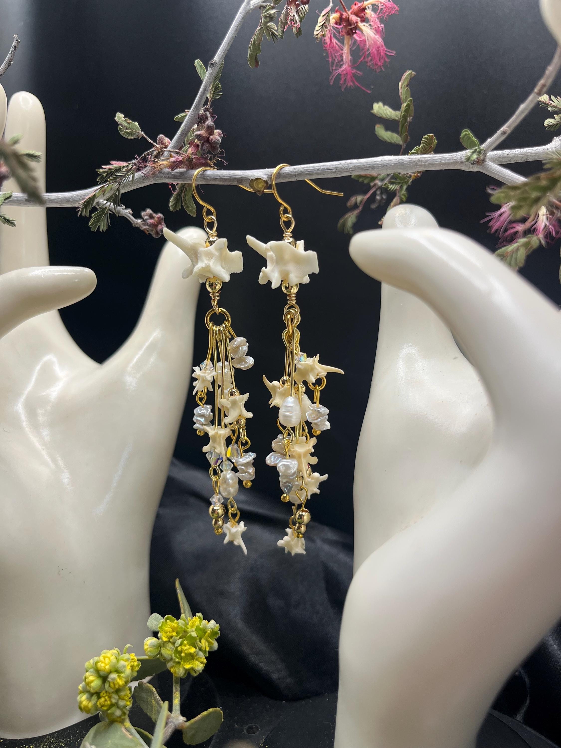 Snake Vertebrae & Pearl Dangle Earrings | Crystal Accent | 3”