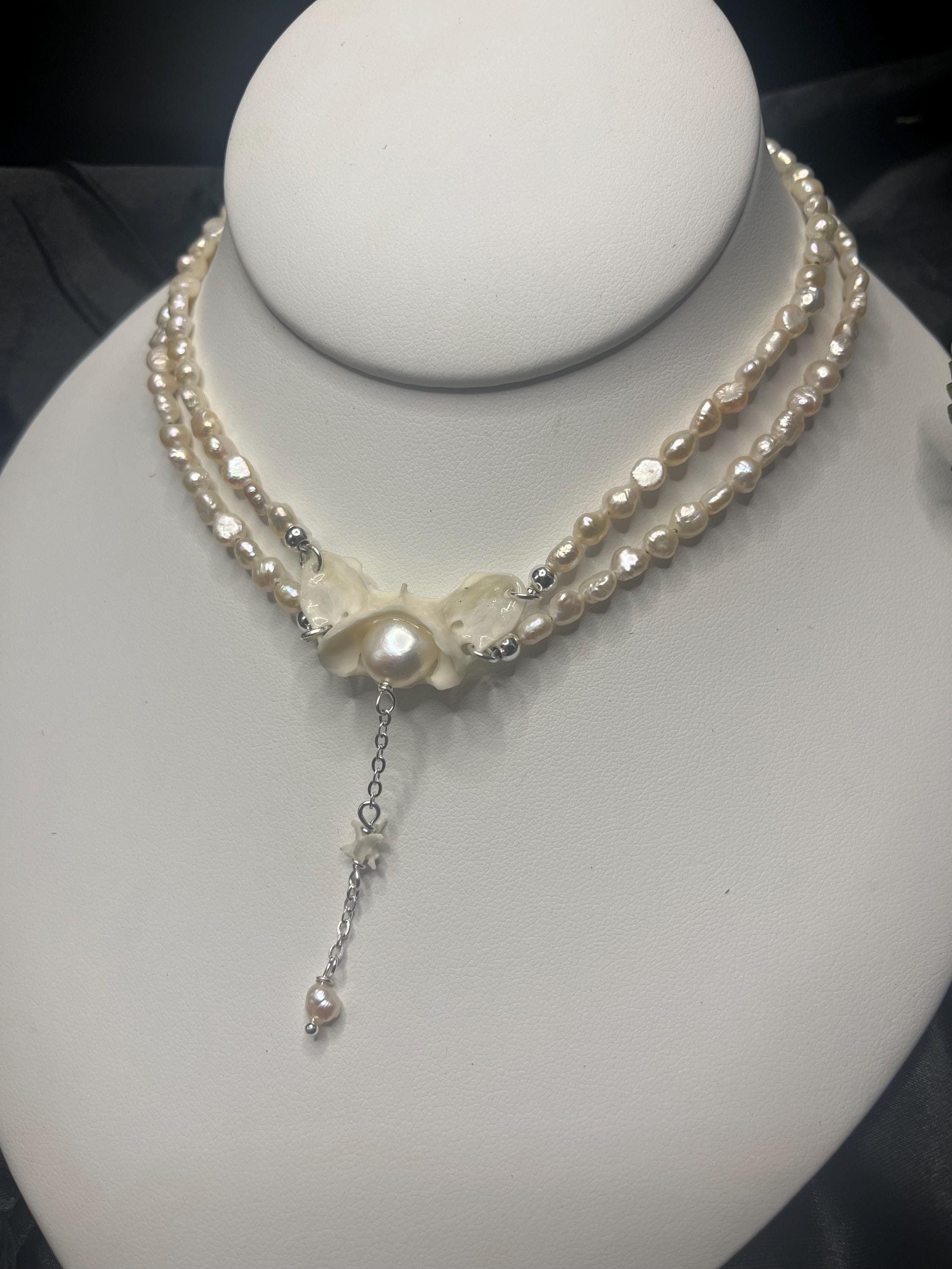 Fox Atlas Bone & Pearl Double Strand Choker – Sterling Silver – Rattlesnake Vertebrae Accent