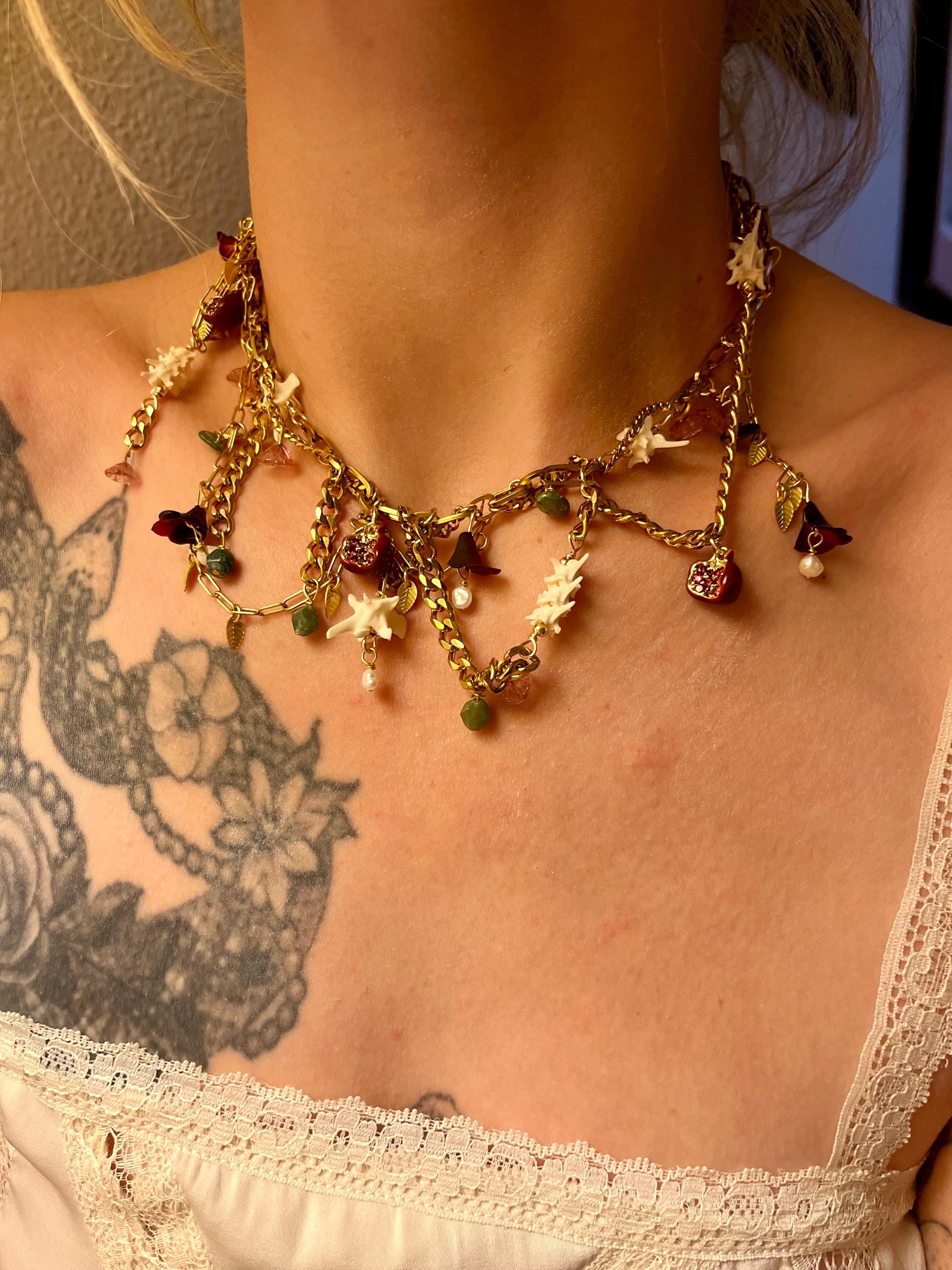 Garden of Eden Necklace – Jade, Tourmaline, Pearl, Rattlesnake Bone, Opalite, Pomegranate Charms – Draped Gold Chain – 15–17”