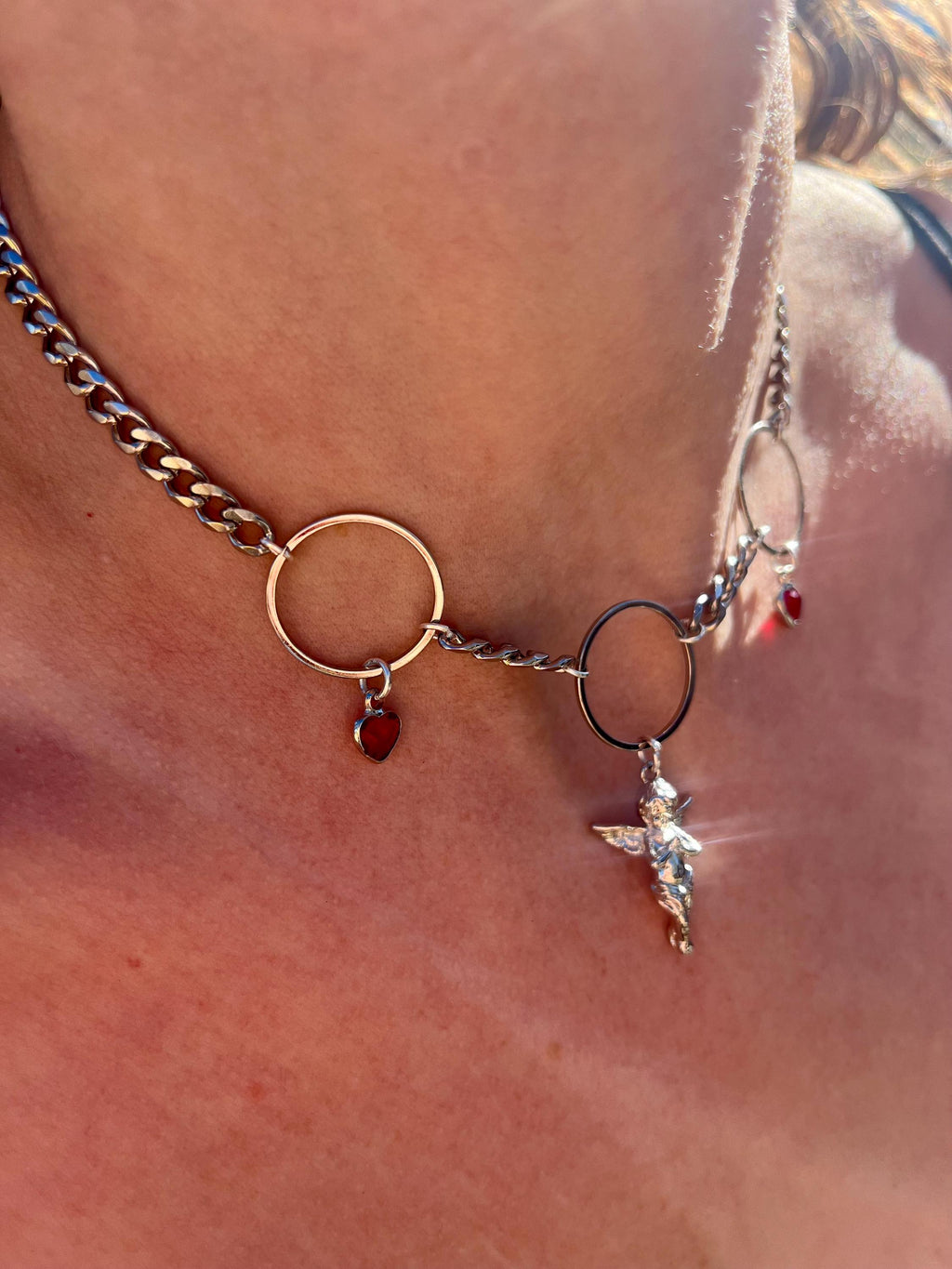 Angel Necklace | Stainless Steel or Gold Plate Curb Chain | Rhinestone Heart Charms | 15”