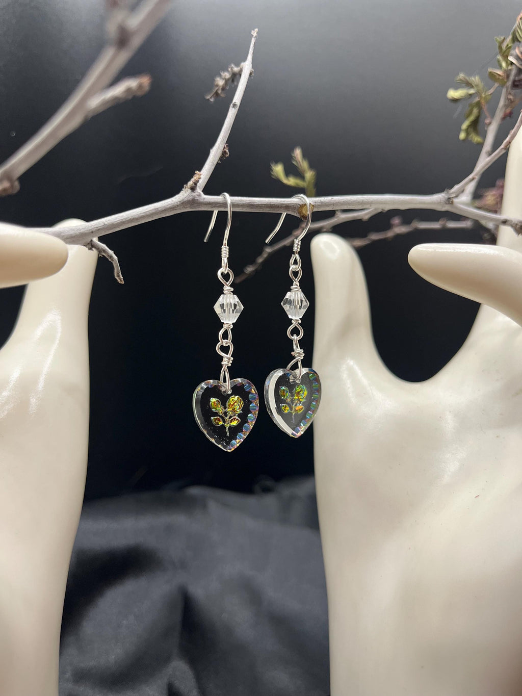 Crystal Floral Reverse Etched Glass Sterling Silver Earrings