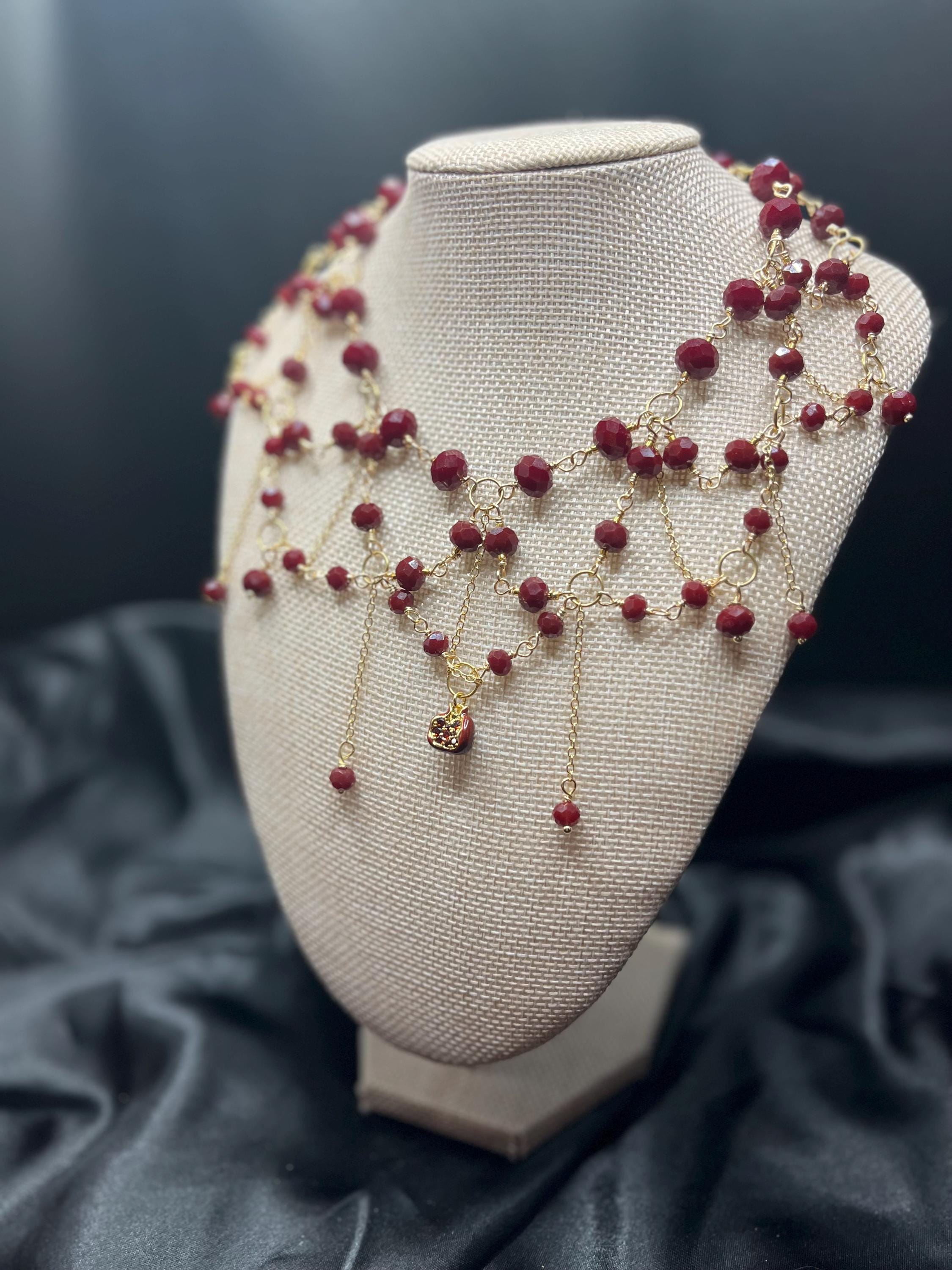 Queen of the Damned- Blood Red Crystal Draped Necklace with Pomegranate Charm, 18k Gold-Plated, 14–16”