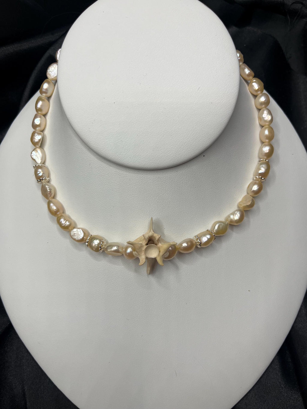 Blush Pink Freshwater Pearl Necklace with Rattlesnake Vertebrae and Gold Accents, 14.5–16.5”